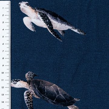 SCHÖNER LEBEN. Stoff Jersey Stoff BW Digitaldruck Turtle Schildkröten blau 1,48m, allergikergeeignet