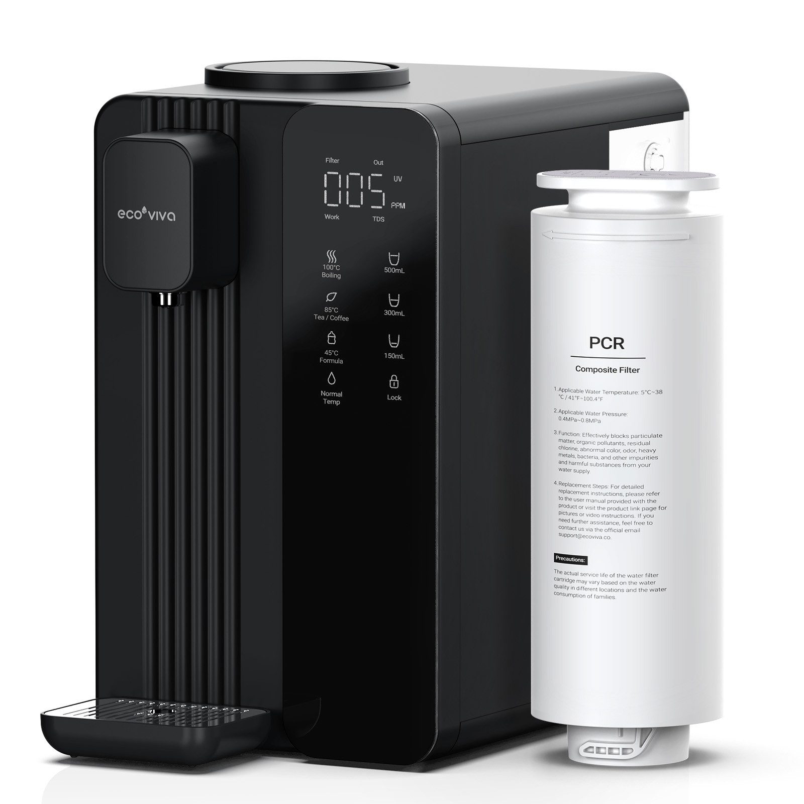 Ecoviva Wasserfilter MATE4 UV tragbarer Umkehrosmoseanlage Wasserreiniger, Zubehör für 45°C - 100°C Trinkwasser Osmoseanlage, 7-stufige Umkehrosmose Filter, 3:1 Rein zu Abfluss, TDS & Filterlebensdauer-Monitor