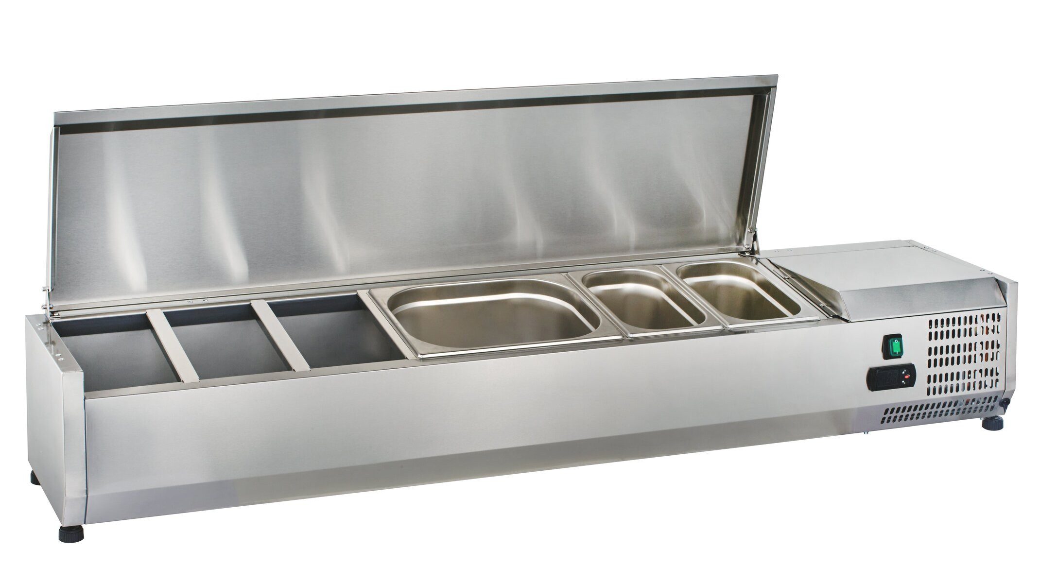 GastroHero Dönergrill Kühlaufsatz Edelstahl Gastronomie 150 cm mit Deckel – für 7 x GN 1/4, 145 W