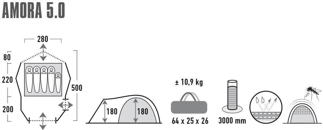 High Peak Kuppelzelt 5.0, Zelt 5 Personen: Amora Transporttasche) (mit