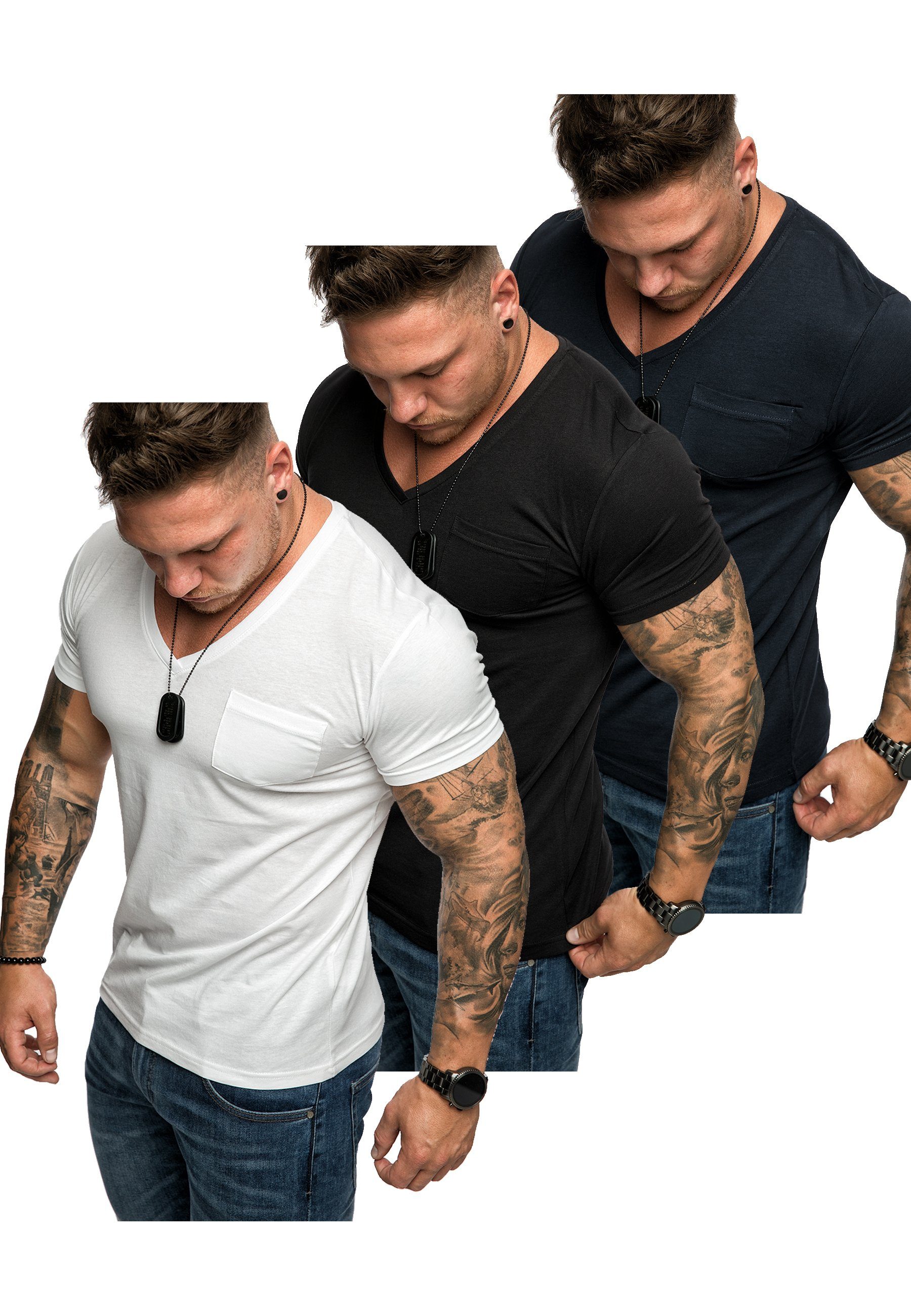T-Shirts T-Shirt Basic mit + Herren Amaci&Sons 3. Navyblau) 3er-Pack (3er-Pack) V-Ausschnitt + Herren Oversize PATERSON Weiß (Schwarz T-Shirt
