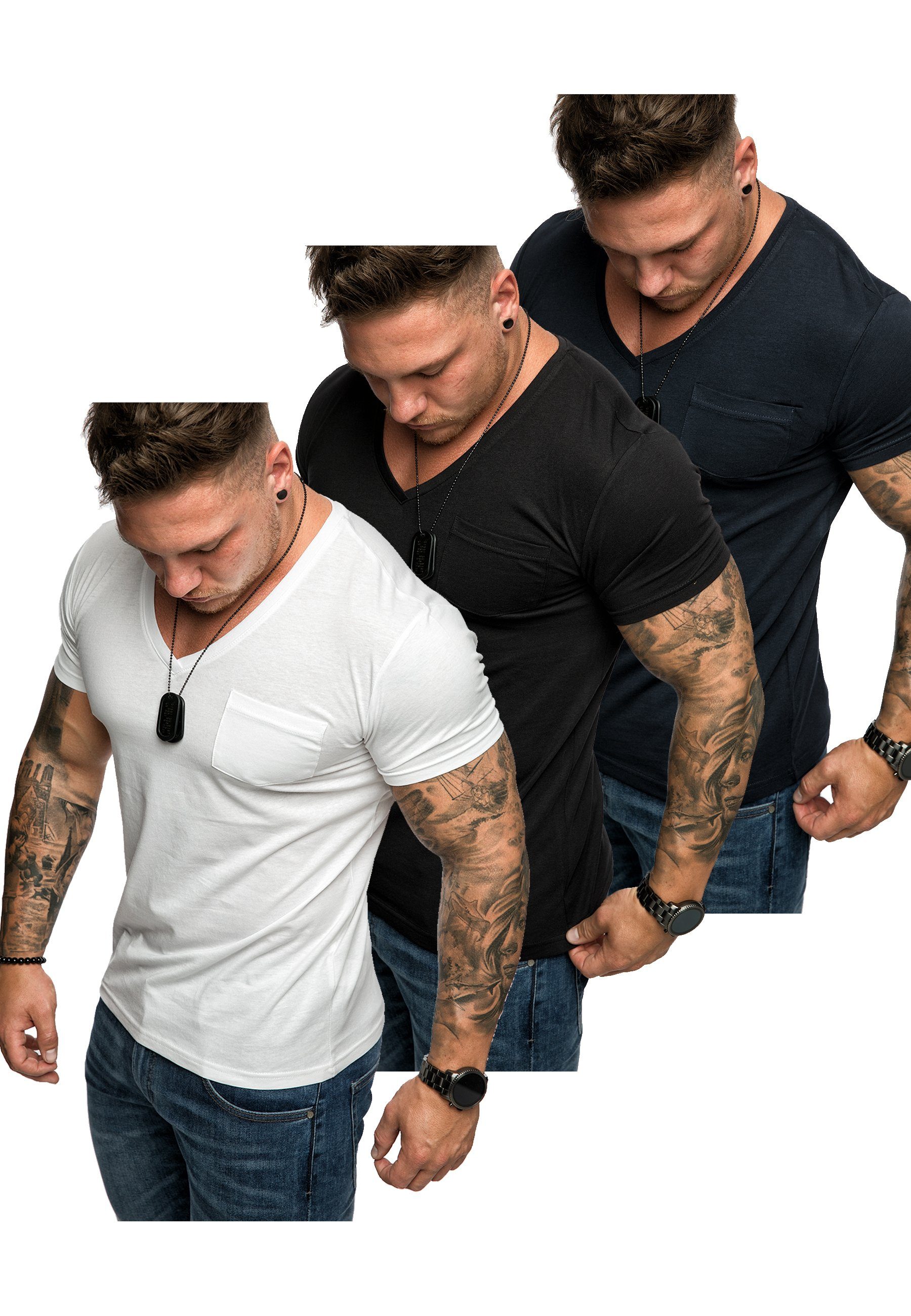 T-Shirts PATERSON 3. Oversize + Herren (Schwarz mit Navyblau) Weiß Basic 3er-Pack T-Shirt + T-Shirt Amaci&Sons (3er-Pack) Herren V-Ausschnitt