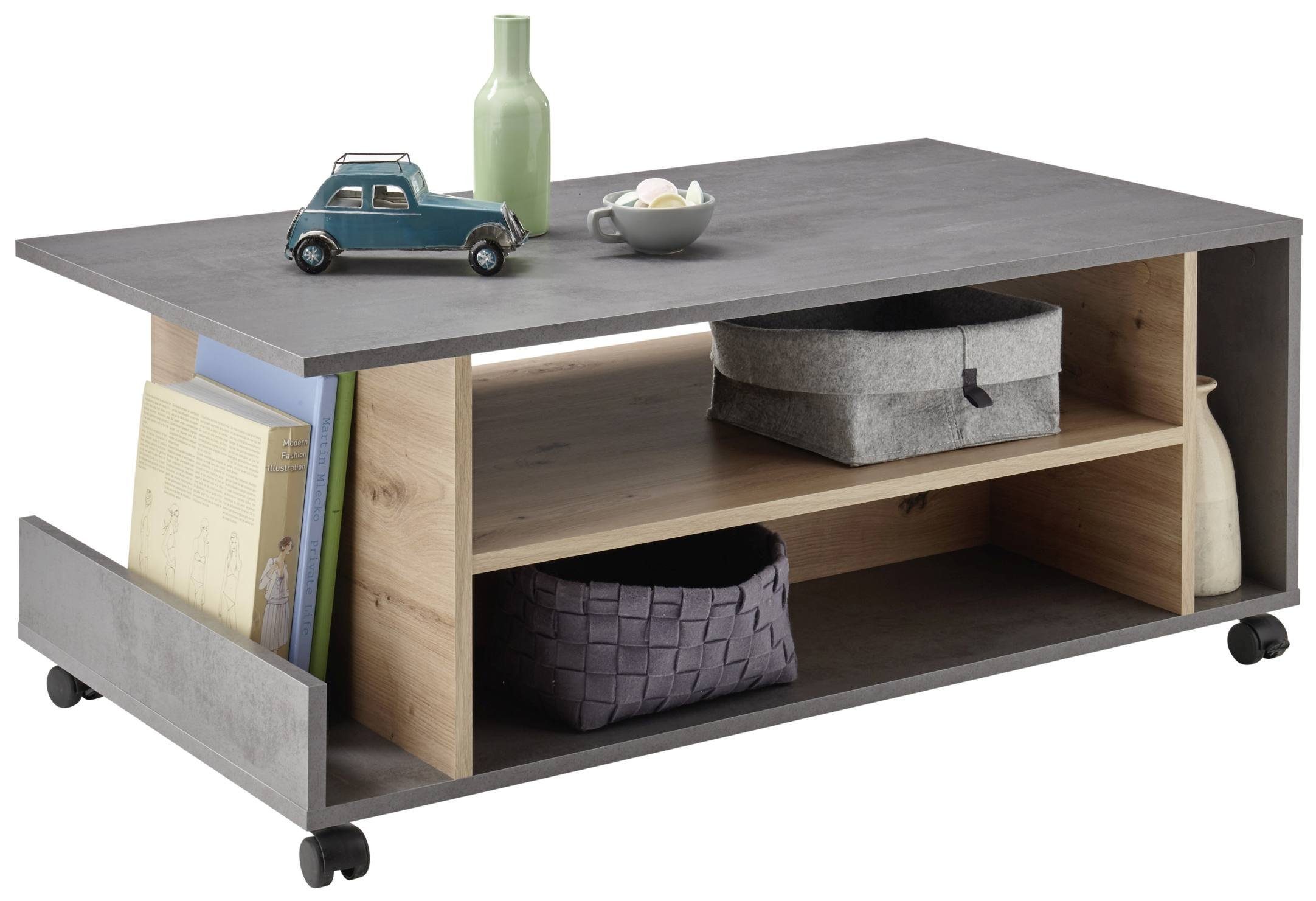 Couchtisch Couchtisch HARVEY 108 x 60 mit Rollen Optik: Betongrau / Artisan Eiche