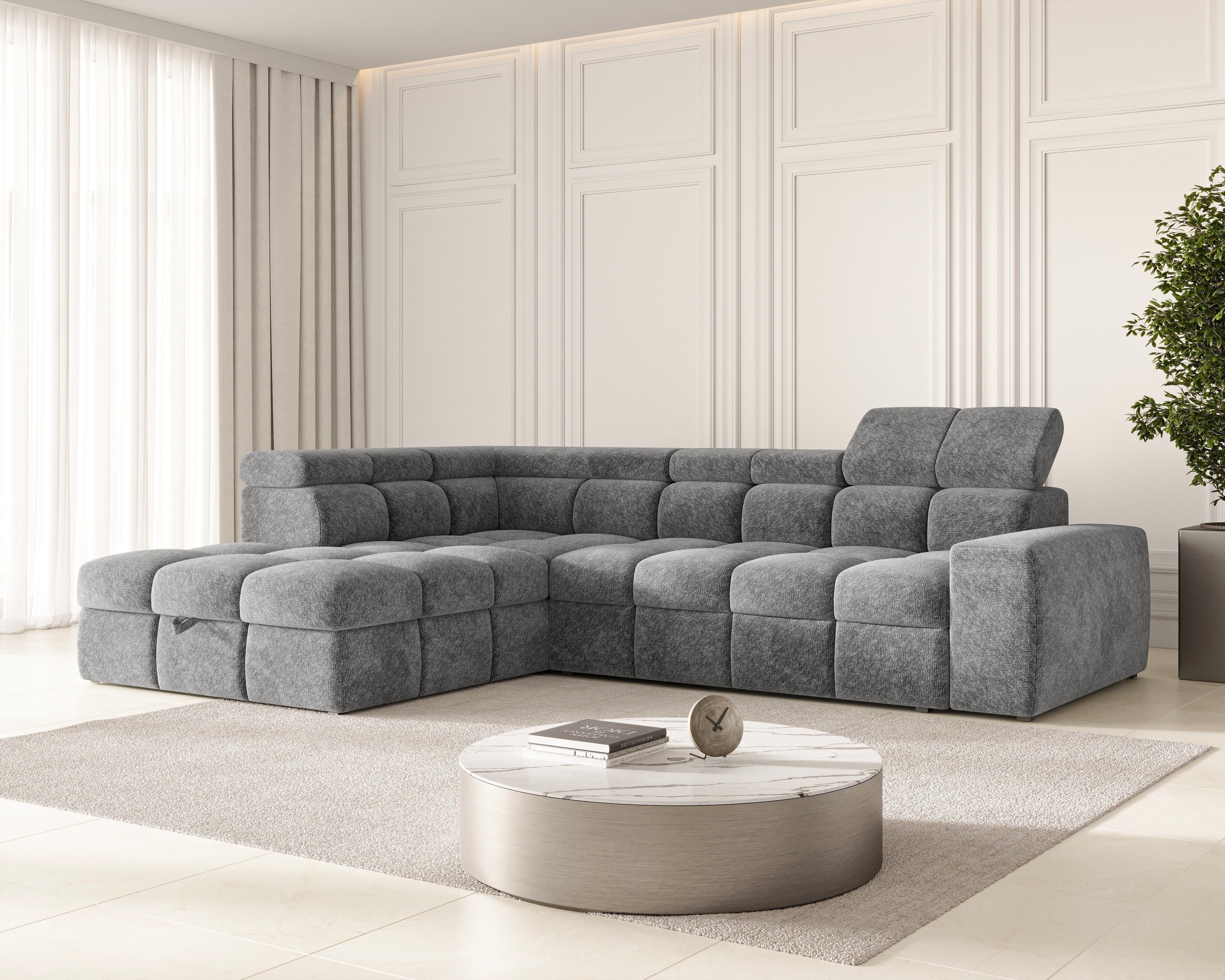 ROYAL24_MARKT Ecksofa - Bianco – Schlafsofa mit Bettkasten & Kopfstützen, Ecksofa 1 Teile, 6-fach verstellbare Kopfstützen, Schlaffunktion, Bettkasten
