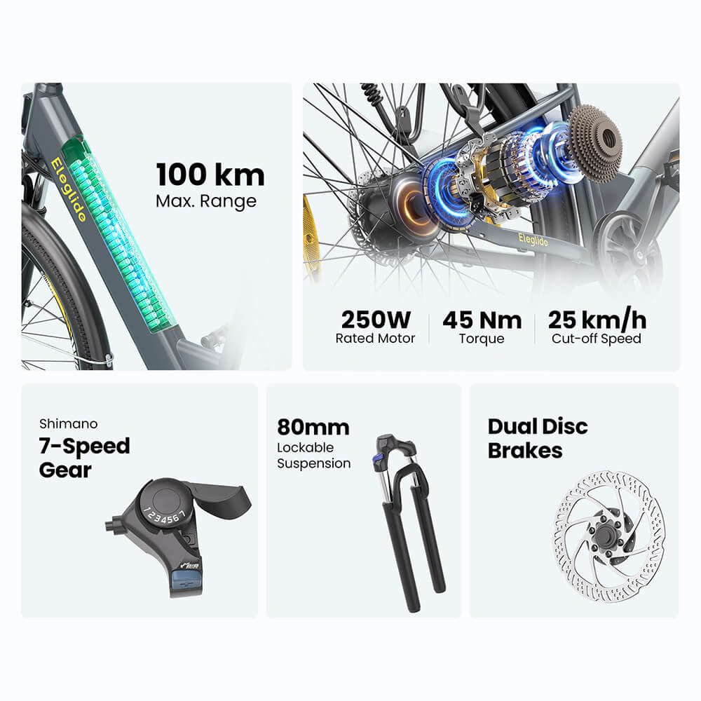 Eleglide E-Bike T1 ST Durchstieg 27,5 Zoll 36V 13Ah 250W E-Bike, 7 Gang Shimano, 468 Wh, 5 Stufen(12/15/18/21/25 km/h), 45N.M, bis zu 100 km