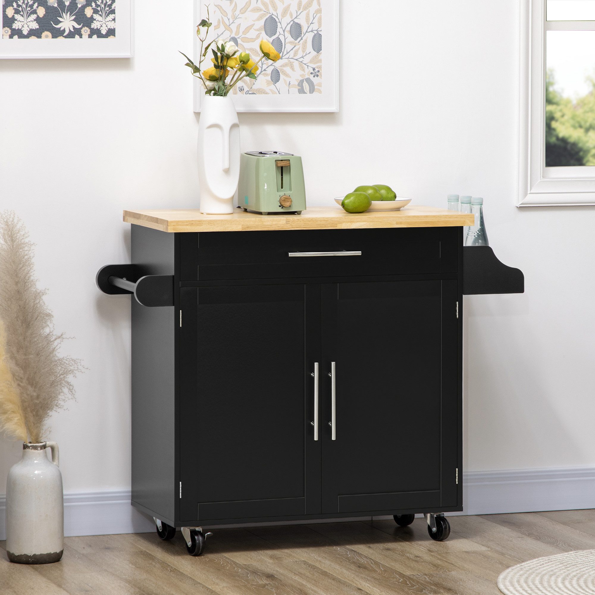 HOMCOM Servierwagen Kücheninsel Küchenwagen auf Rollen mit Arbeitsplatte, Schublade, (Rollwagen, 1 St., Küchentrolley), für Wohnzimmer Esszimmer Schwarz 109 x 40 x 89 cm