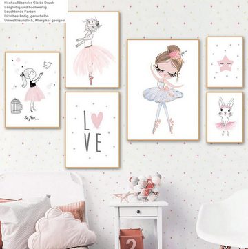 TPFLiving Kunstdruck (OHNE RAHMEN) Poster - Leinwand - Wandbild, Ballet Mädchen, Herz, Giraffe, Kaninchen für Kinderzimmer - (Mädchenzimmer, Babyzimmer, Jungenzimmer, Kindergarten), Farben: Pastel, braun, grau, orange - Größe: 10x15cm