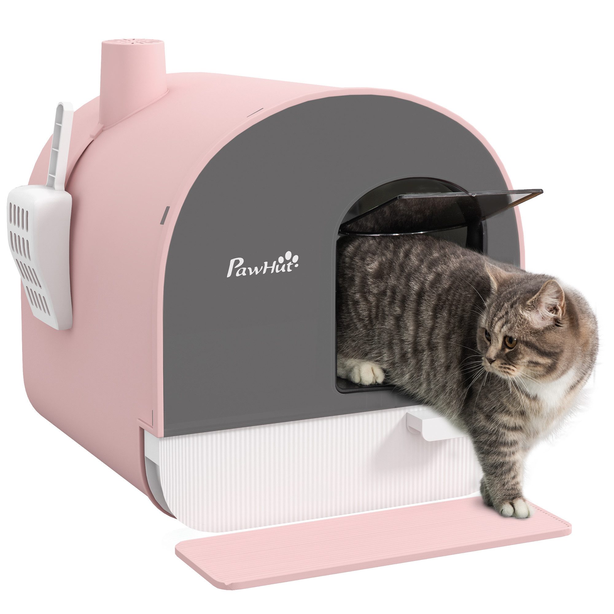 PawHut Katzentoilette Katzenklo mit Deckel inkl. Schaufel, ausziehbares Tablett, Toilette, Kunststoff, Rosa, 43 x 44 x 47 cm