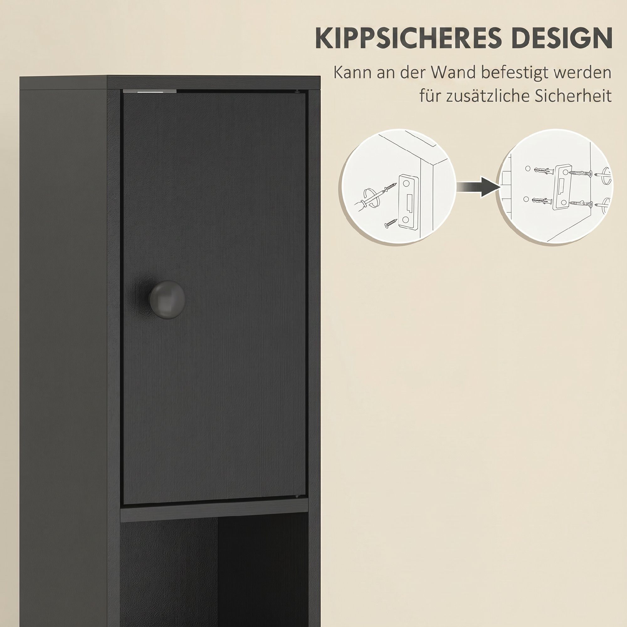 Kleankin Badkommode Hochschrank Toilettenschrank (schmaler Badezimmer-Aufbewahrungsschrank, 1 St., mit Schublade, verstellbaren Regalen), 20 x 20 x 180 cm, Schw – Bild 5 von 5