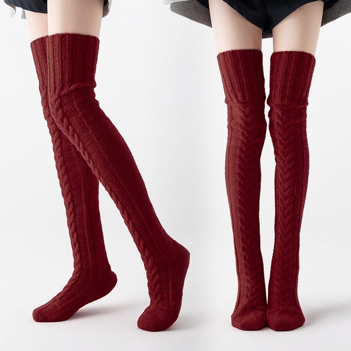 DOPWii Socken Strickstrümpfe Damen, dehnbare Winter-Overknee-Strümpfe, 105/85cm Rotwein
