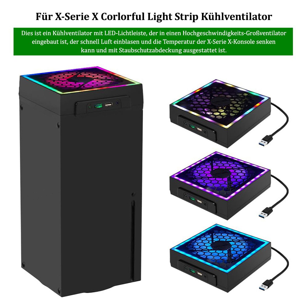 KINSI SY-XSX-818 Konsolenlüfter für Xbox Series X, RGB Kühler, Oberlüfter Controller (2 USB-Anschlüsse, 7 Beleuchtungsmodi)