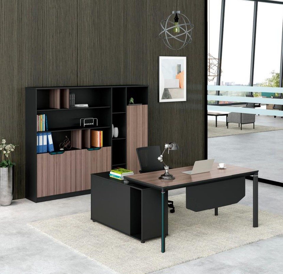 Büromöbel-Set Eckschreibtisch mit Büroschrank in Schwarz und Holzoptik