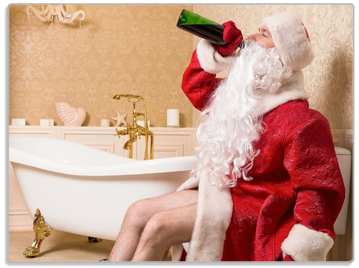 Wallario Schneidebrett Betrunkener Weihnachtsmann mit Weinflasche auf dem Klo, ESG-Sicherheitsglas, (inkl. rutschfester Gummifüße 4mm, 1-St), 30x40cm