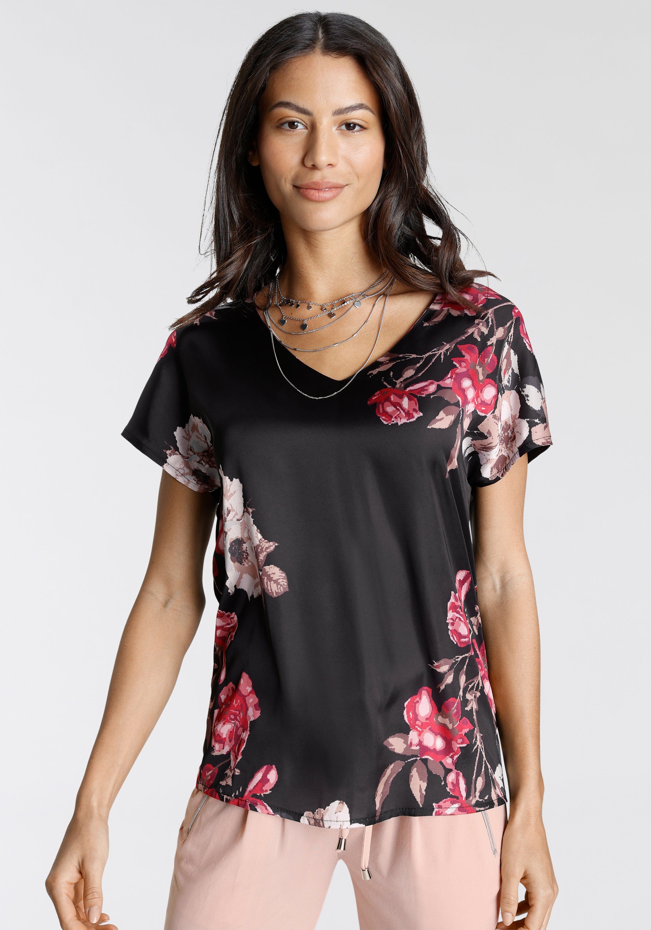 Laura Scott im Shirtbluse schwarz-rosa-geblümt Materialmix