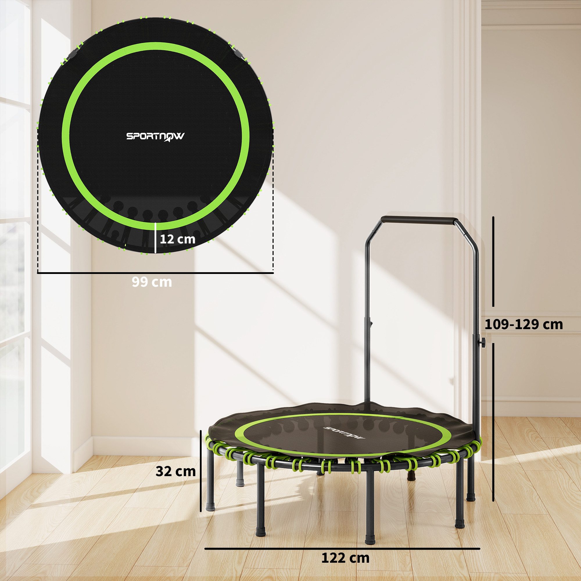 SPORTNOW Fitnesstrampolin Mini Trampoline mit 5 verstellbare Handgriffstufen, leise Gummiseil, Ø 122 cm, (Sport-Trampolin, 1 tlg., Fitness-Trampolin), Stahl, Ku – Bild 3 von 5