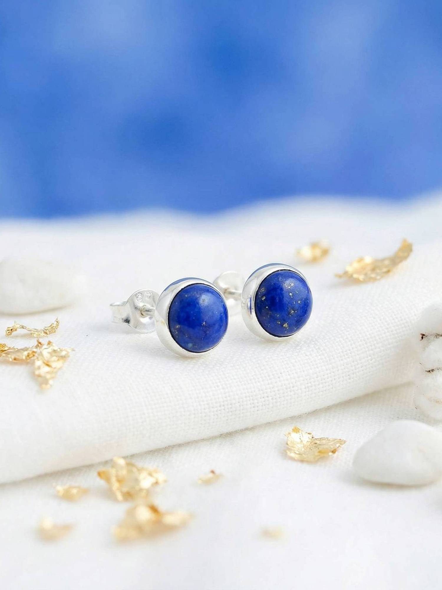 mantraroma Paar Ohrstecker SAMA rund klein aus 925 Silber mit Lapis Lazuli (Paar, Paar Ohrringe mit Schmuckbeutel), 925 Sterling Silber Ohrringe für Damen – Bild 3 von 4