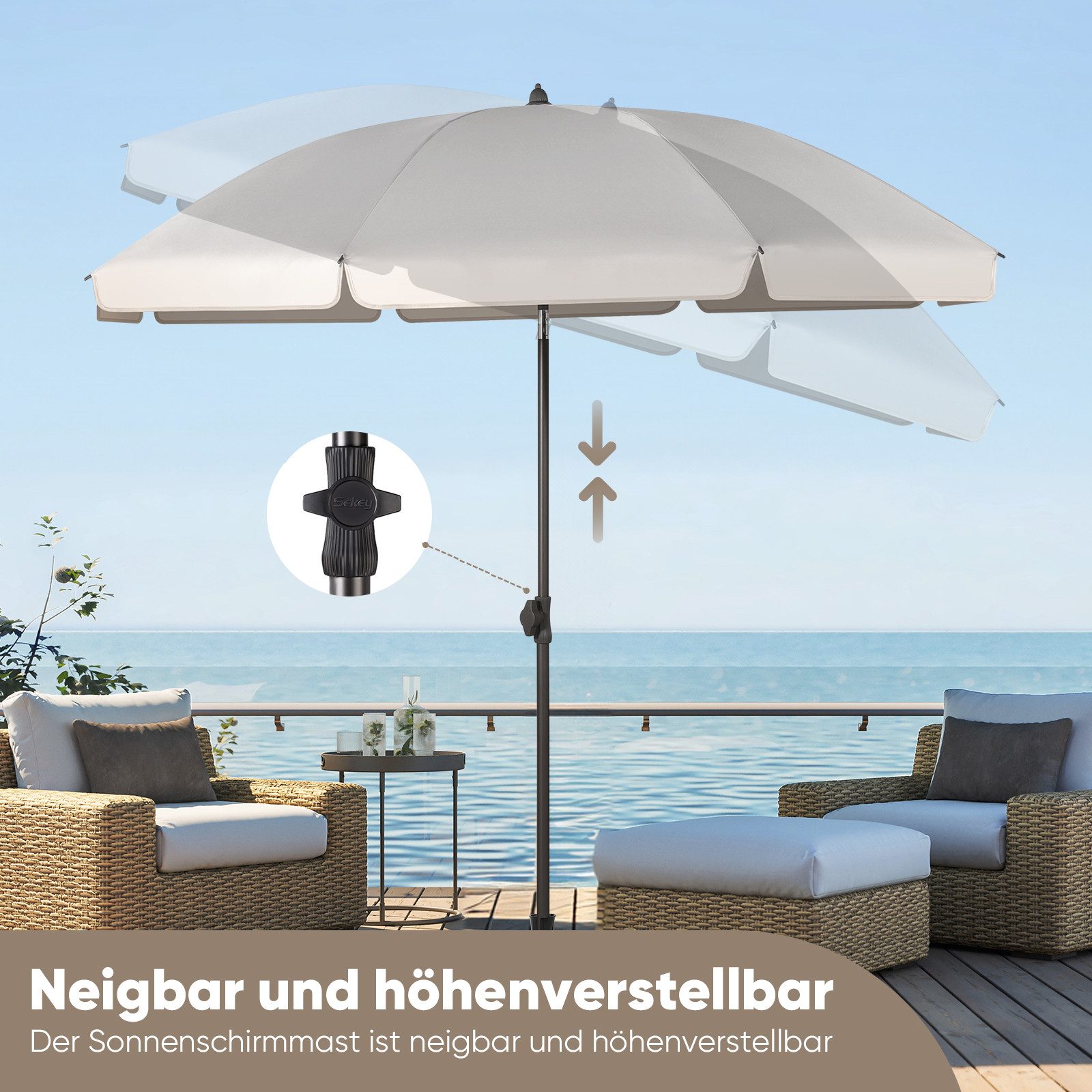 Sekey Sonnenschirm Ø180 cm Balkonschirm Terrassenschirm mit Schutzhülle und Bodenhülse, LxB: 180,00x180,00 cm, UV-Schutz 50+, höhenverstellbar, beidseitig um 30° knickbar