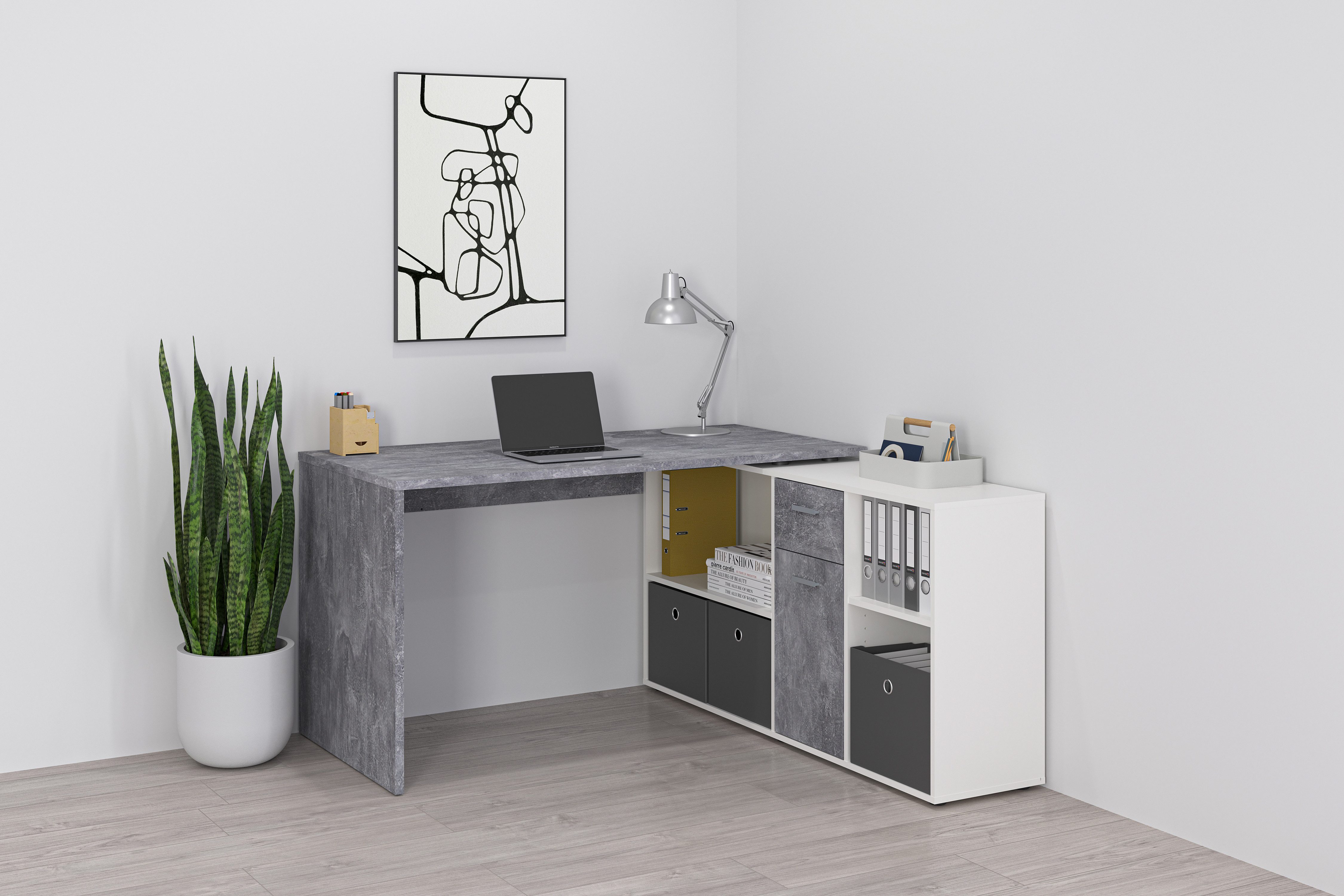 FMD Eckschreibtisch Lexo, Schreibtisch/Sideboard viel Stauraum, beidseitig montierb., 136/205 cm