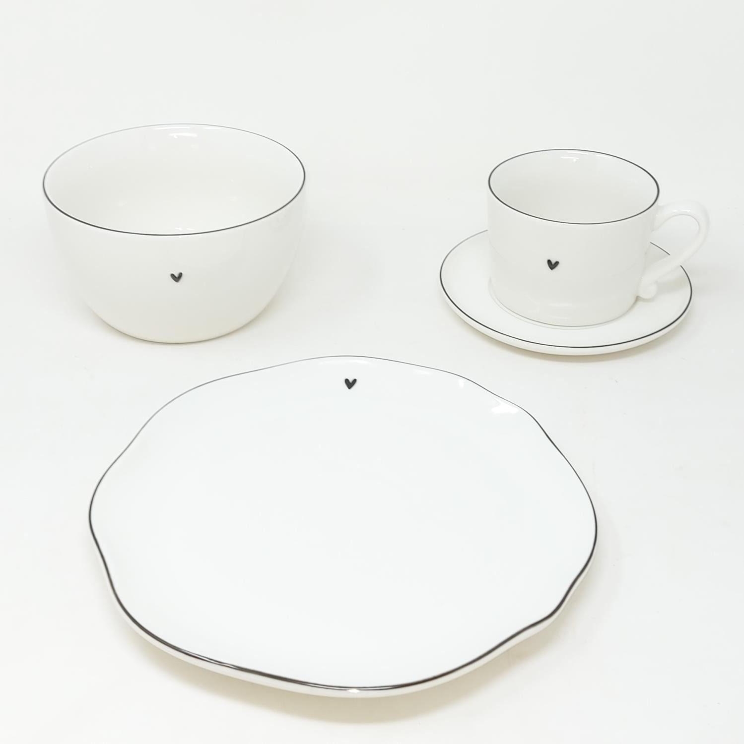 Bastion Collections Frühstücks-Geschirrset schwarzes Herz, Keramik, Spülmaschinengeeignet, Weiß, Herz, H: cm