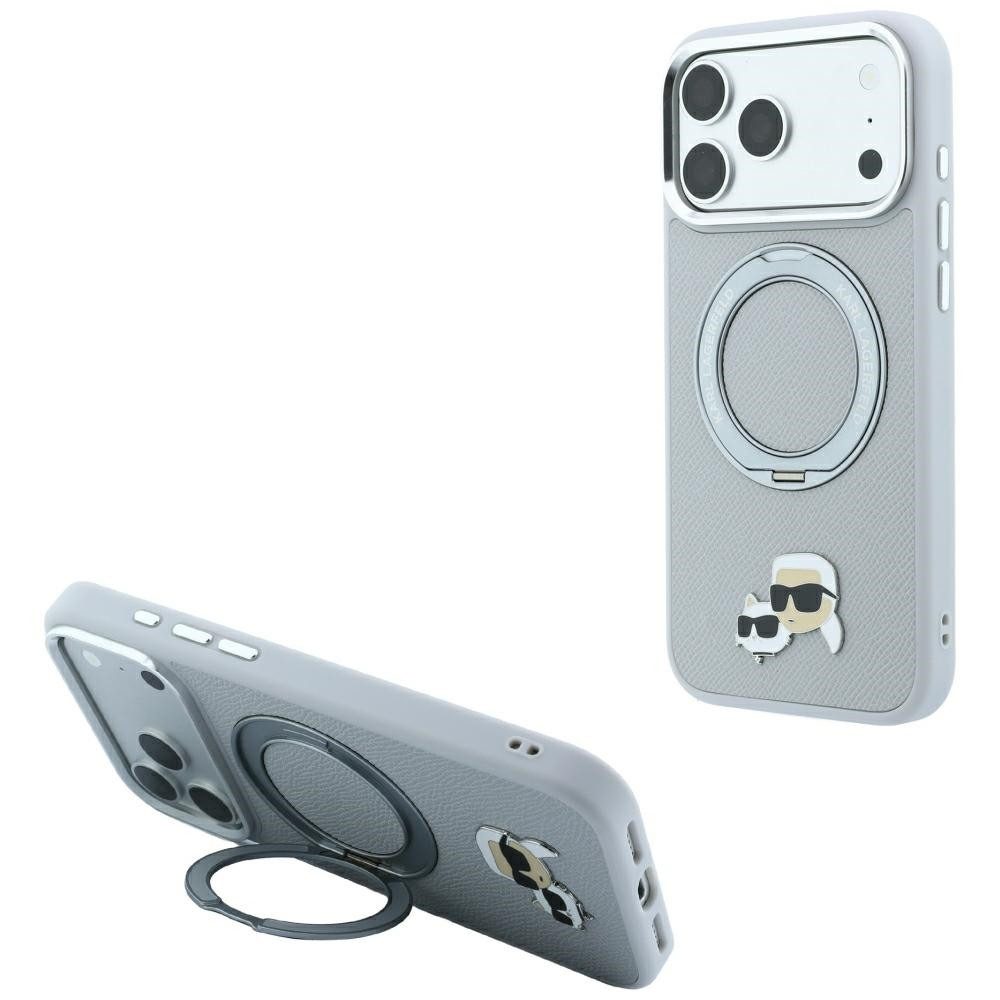 KARL LAGERFELD Handyhülle Schutzhülle Ringständer Smartphonehülle, 360° Ringständer, MagSafe, PU-Leder, Metallemblem
