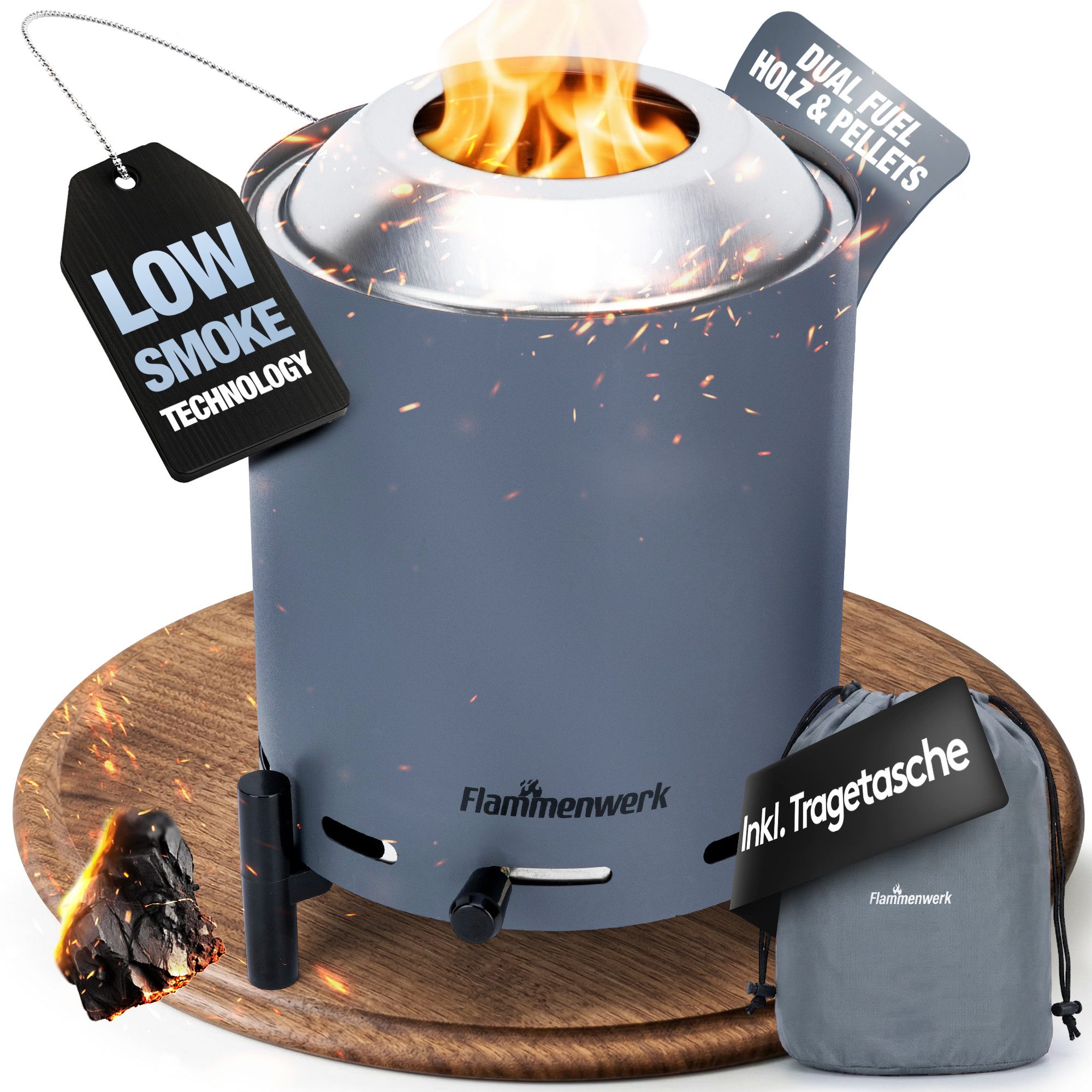 Flammenwerk Tischfeuer Ø16,5 cm für Pellets & Holz mit regelbarer Flamme und Tragetasche (Perfekt für Balkon, Terrasse & Camping, 1-St), Outdoor Flammenfeuer
