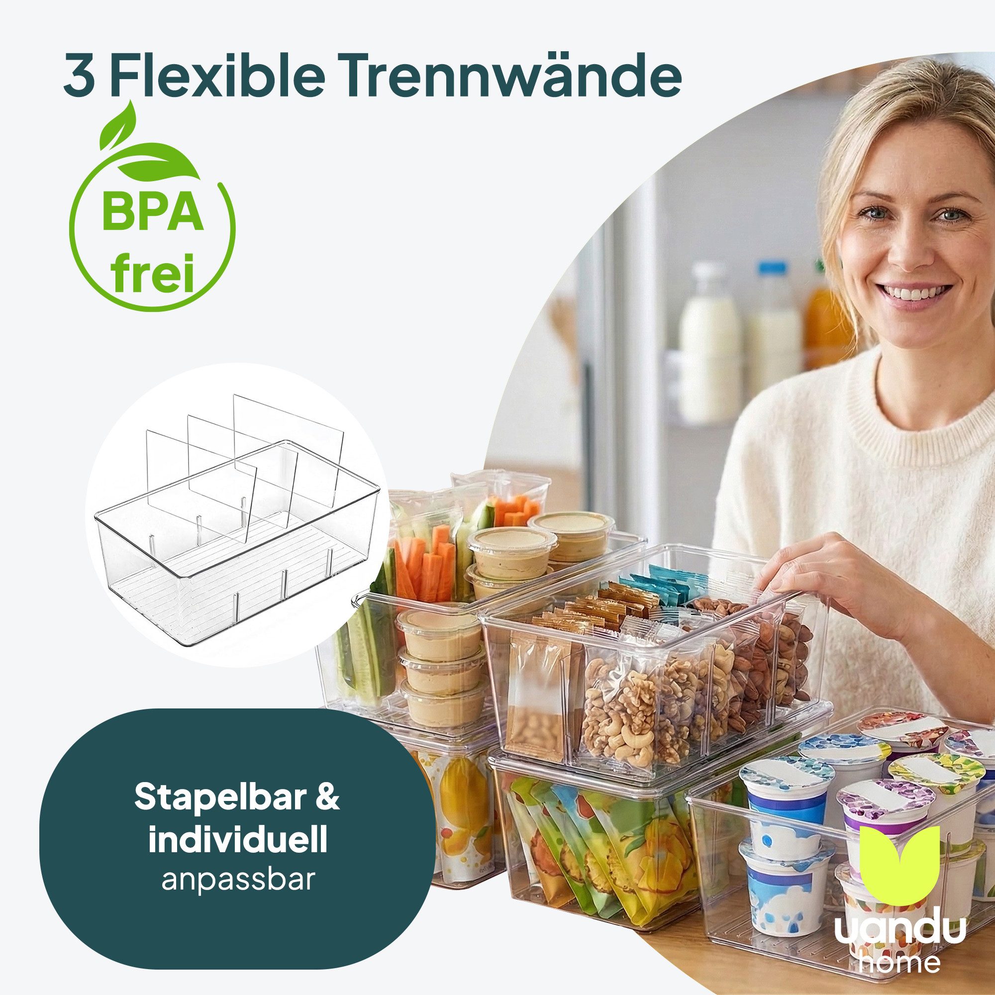 uandu home Teedose uandu Kühlschrank Organizer 4er Set – Küchen Organizer mit Trennwänden, (Packung, 4-tlg., Stapelbare Aufbewahrungsboxen Küche Transparent), T – Bild 4 von 5