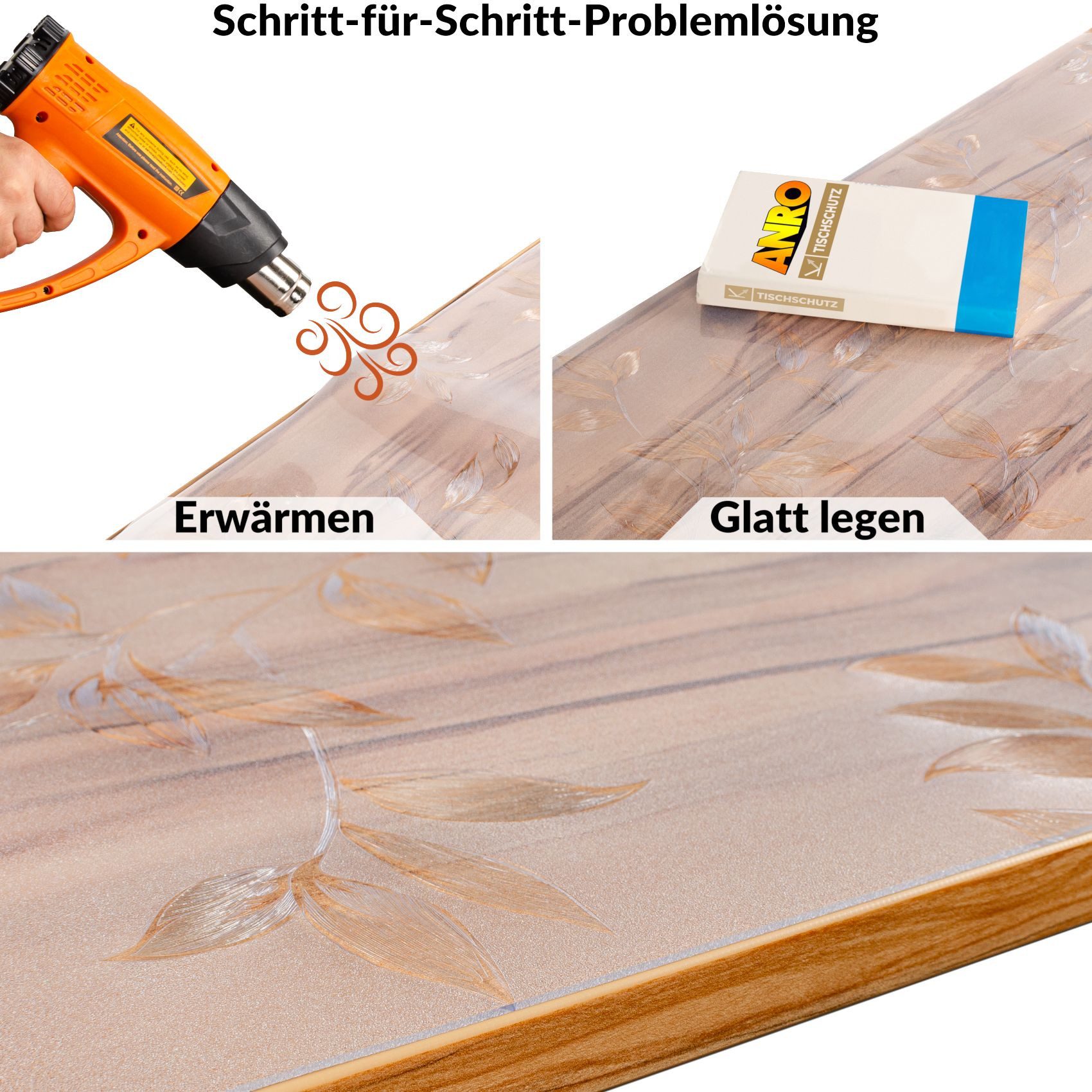 ANRO Tischdecke FLOKY Blatt mattiert einseitig 1,5mm Tisch Schutzfolie Geruchsneutral (Rolle 1-tlg, eine Folie), Pflegeleicht 90x100cm Prägung mit Motiv Weiß – Bild 4 von 5