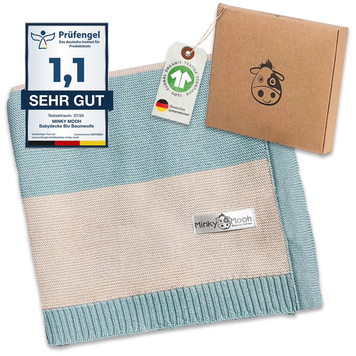 Babydecke Bio Baumwolle 94x72 cm, GOTS & Oeko-Tex 100, Strickdecke Babys, Minky Mooh, Made in Europe