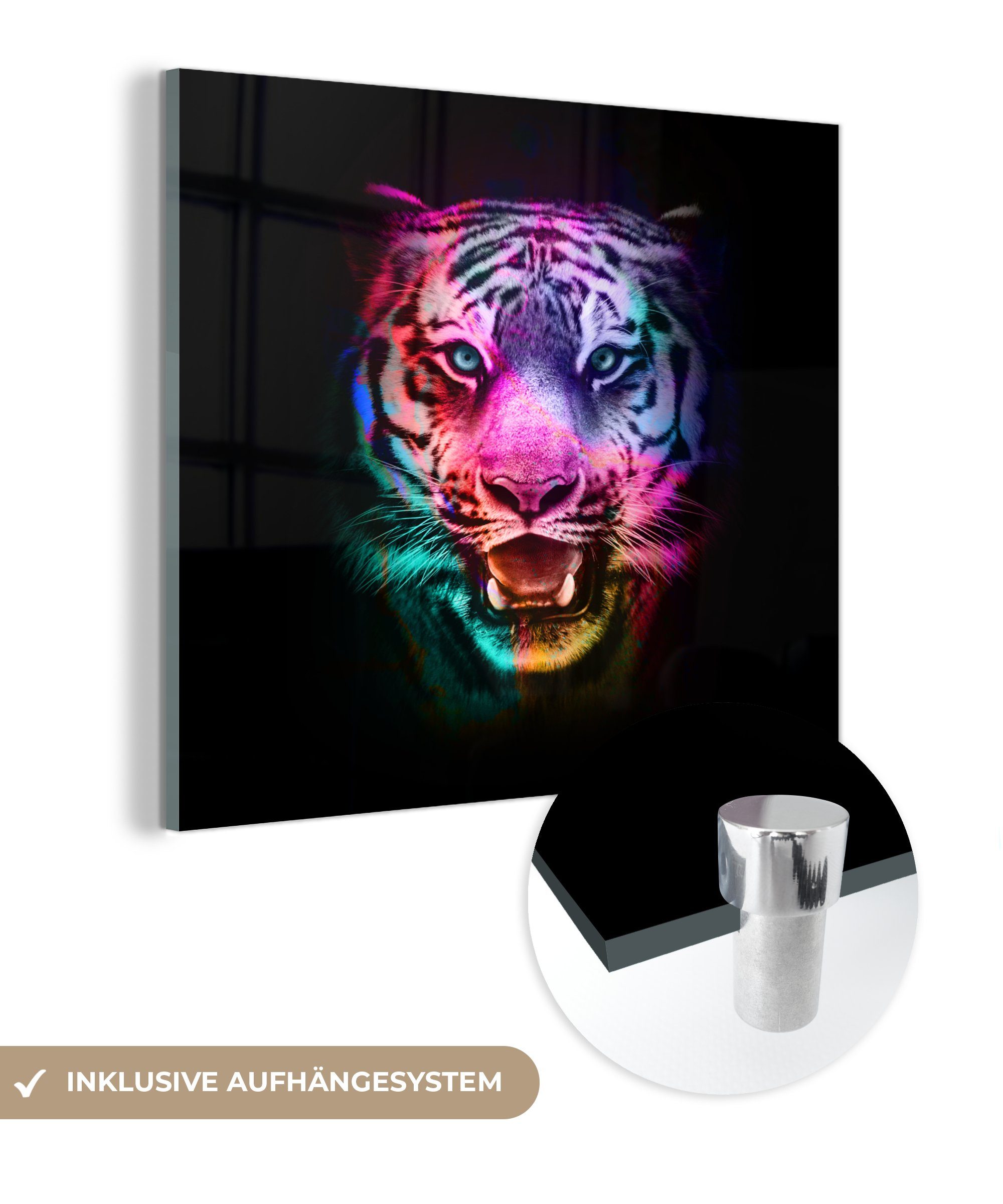 - Wanddekoration - Bilder Tiere, Glas MuchoWow Farbe - Acrylglasbild St), - Glas Wandbild Foto (1 - Tiger auf auf Glasbilder