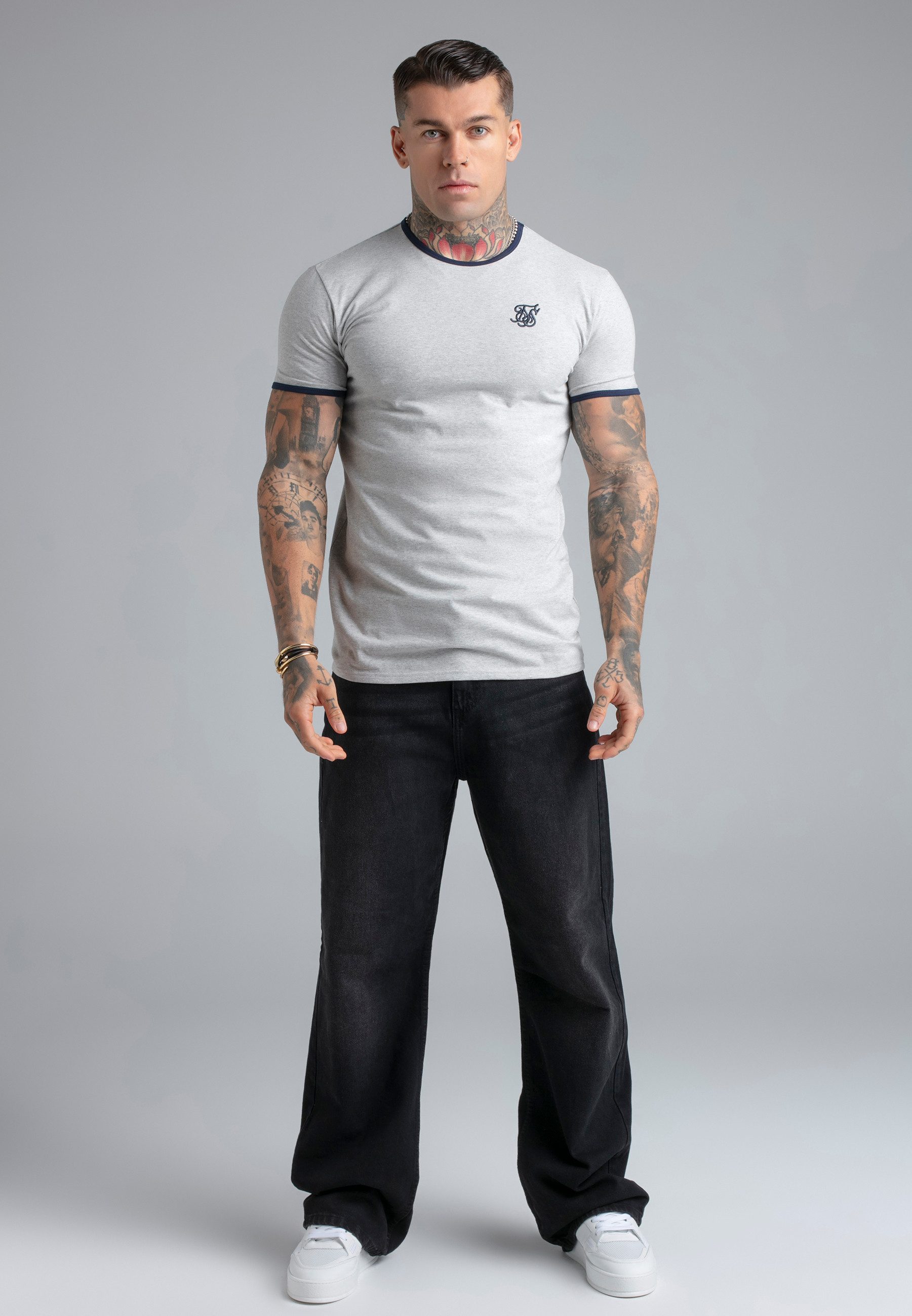 Siksilk T-Shirt SikSilk Herren Grau Marl and Navyblau Ringer T-Shirt