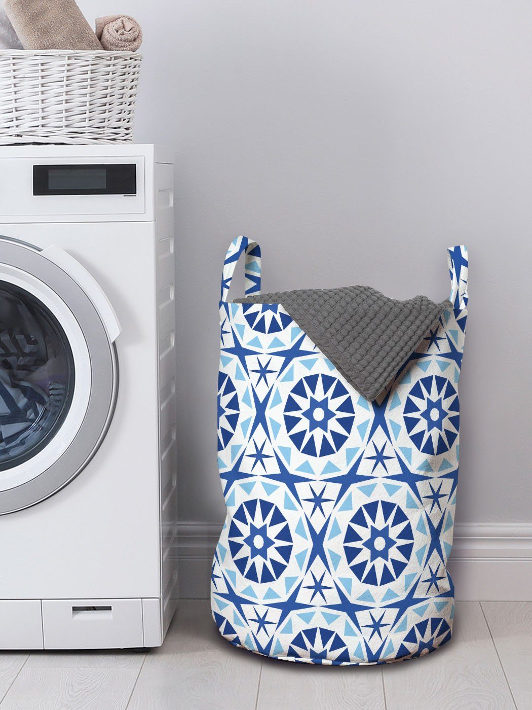 Waschsalons, Abakuhaus Mandala Abstrakte Wäschekorb mit Griffen Blumen-Motiv Blauer für Wäschesäckchen Kordelzugverschluss