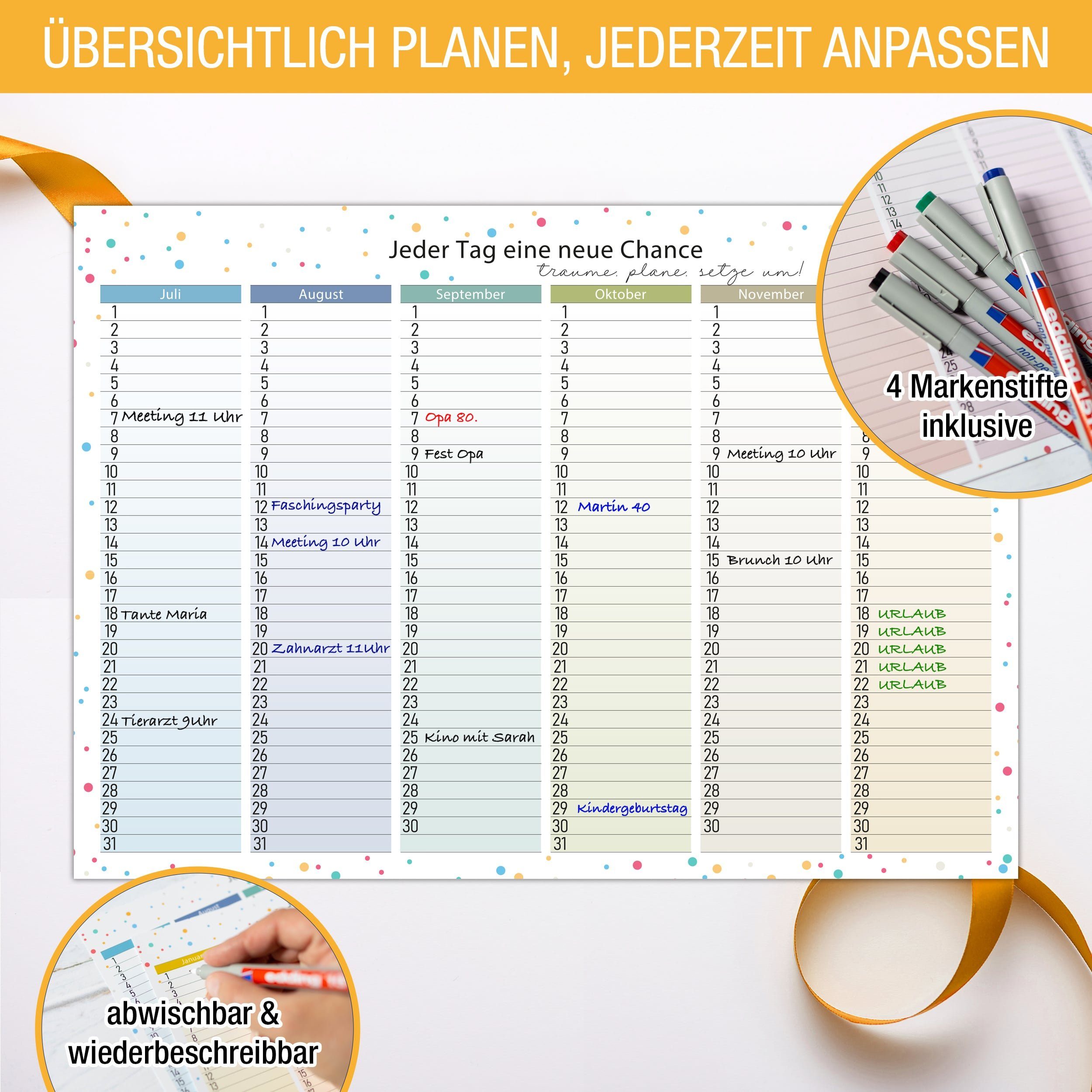 TOBJA Wandkalender Immerwährender Kalender A4 abwischbar +4 Stifte, Geburtstagskalender Dauerkalender
