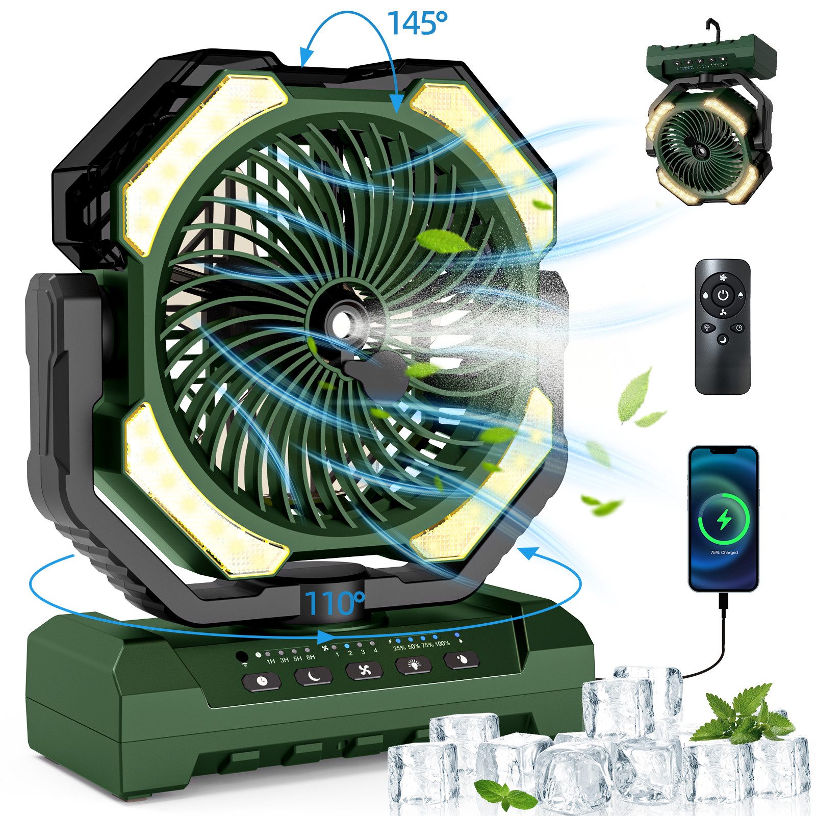Standventilator mit 4 Ventilationsstufen/Sprühkühlung,Tischventilator mit LED licht