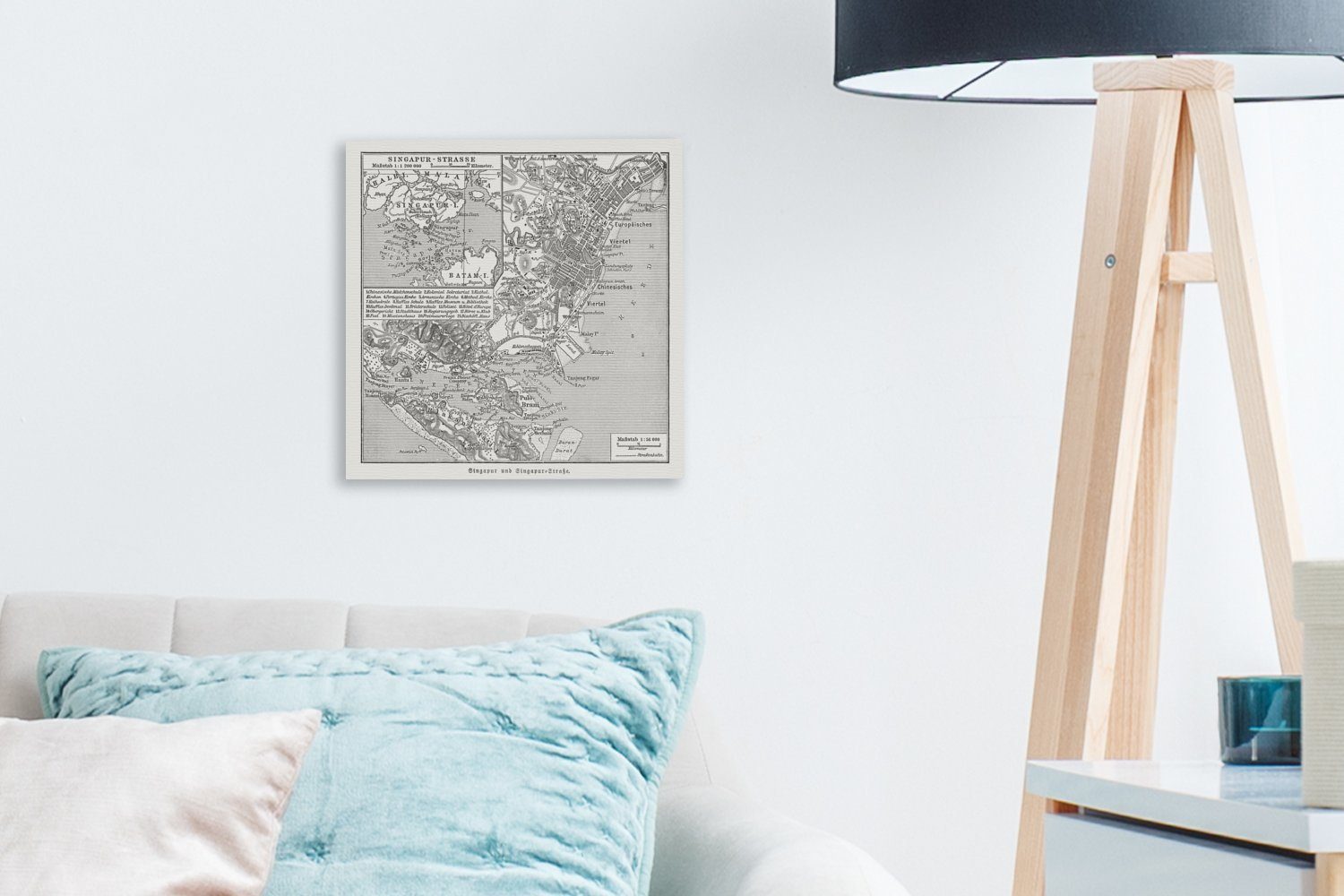 OneMillionCanvasses® Leinwandbild Illustration St), historischen Bilder (1 Leinwand von Singapur, Wohnzimmer Schlafzimmer einer für Karte