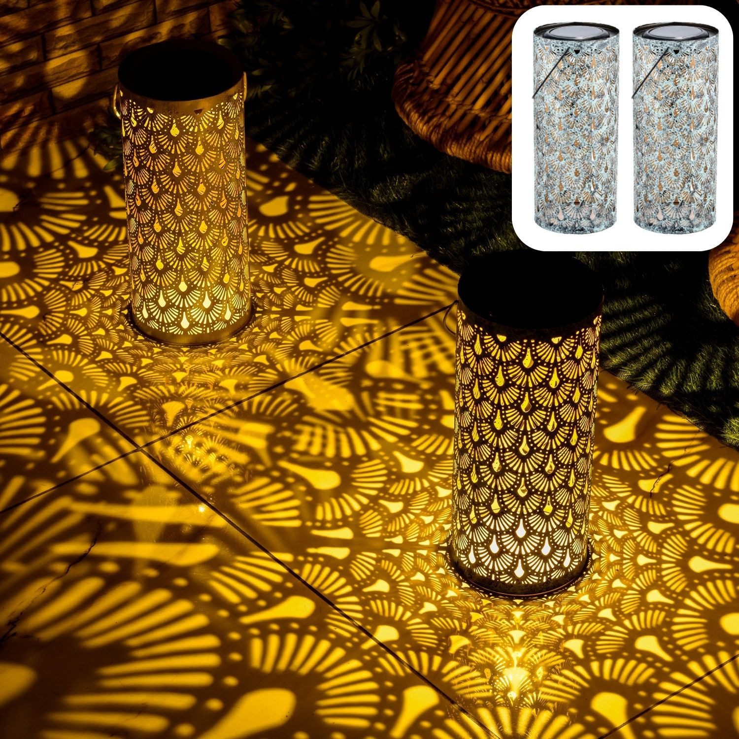 Marrakesch Orient & Mediterran Interior LED Solarleuchte 2er Set Moderne Solarlaterne Solar Laterne Windlich Fava Grün, LED fest integriert