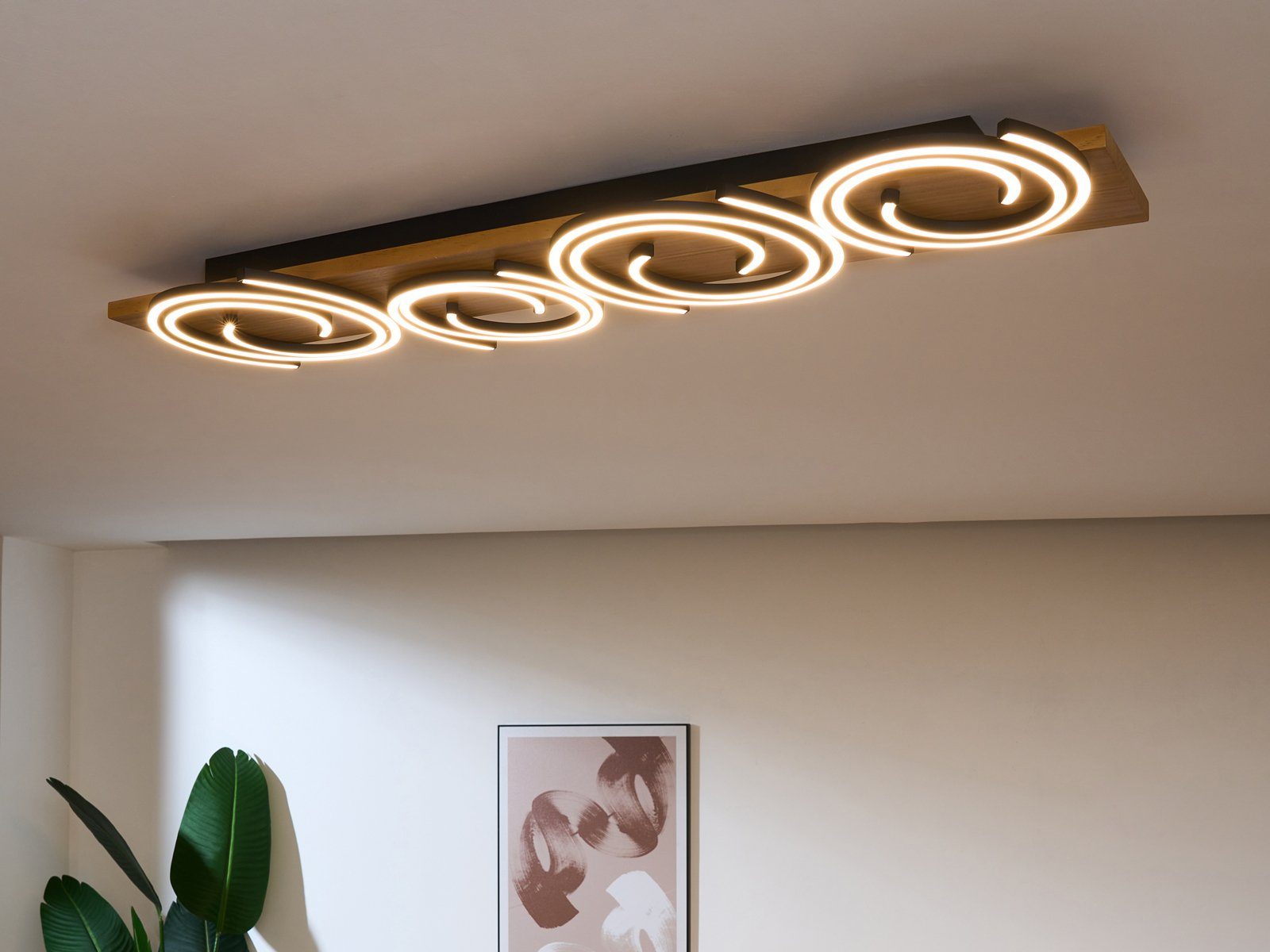 ECO-LIGHT LED Deckenleuchte, LED fest integriert, Warmweiß, flache Holz-Lampe für über-n Esstisch & Kücheninsel, Breite 115x20 cm