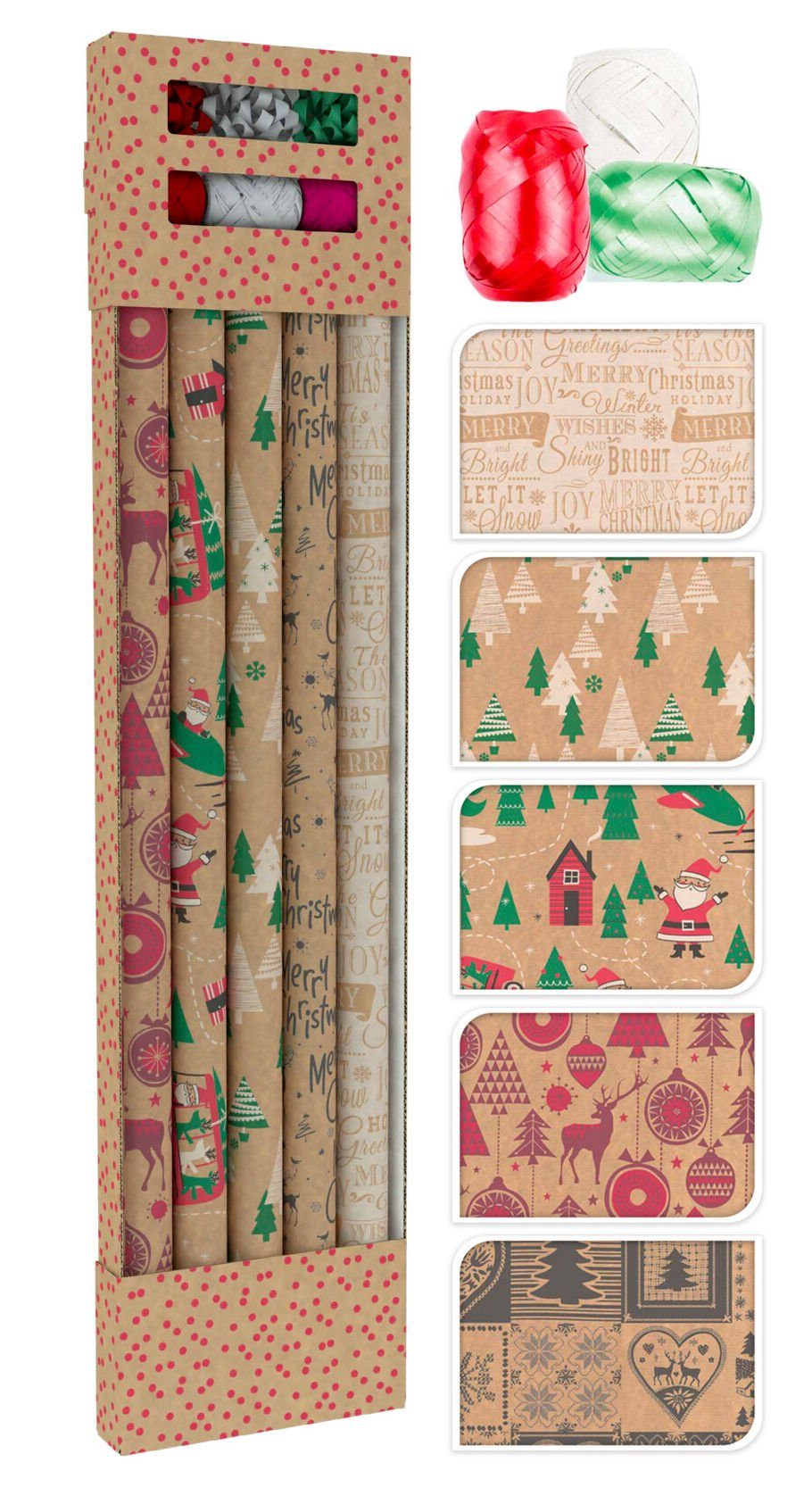 Spetebo Geschenkpapier Weihnachts Geschenkpapier braun 5 Rollen, (11St), 5 x Papier, 3 x Band + 3 Geschenkschleifen - aus recyceltem Papier