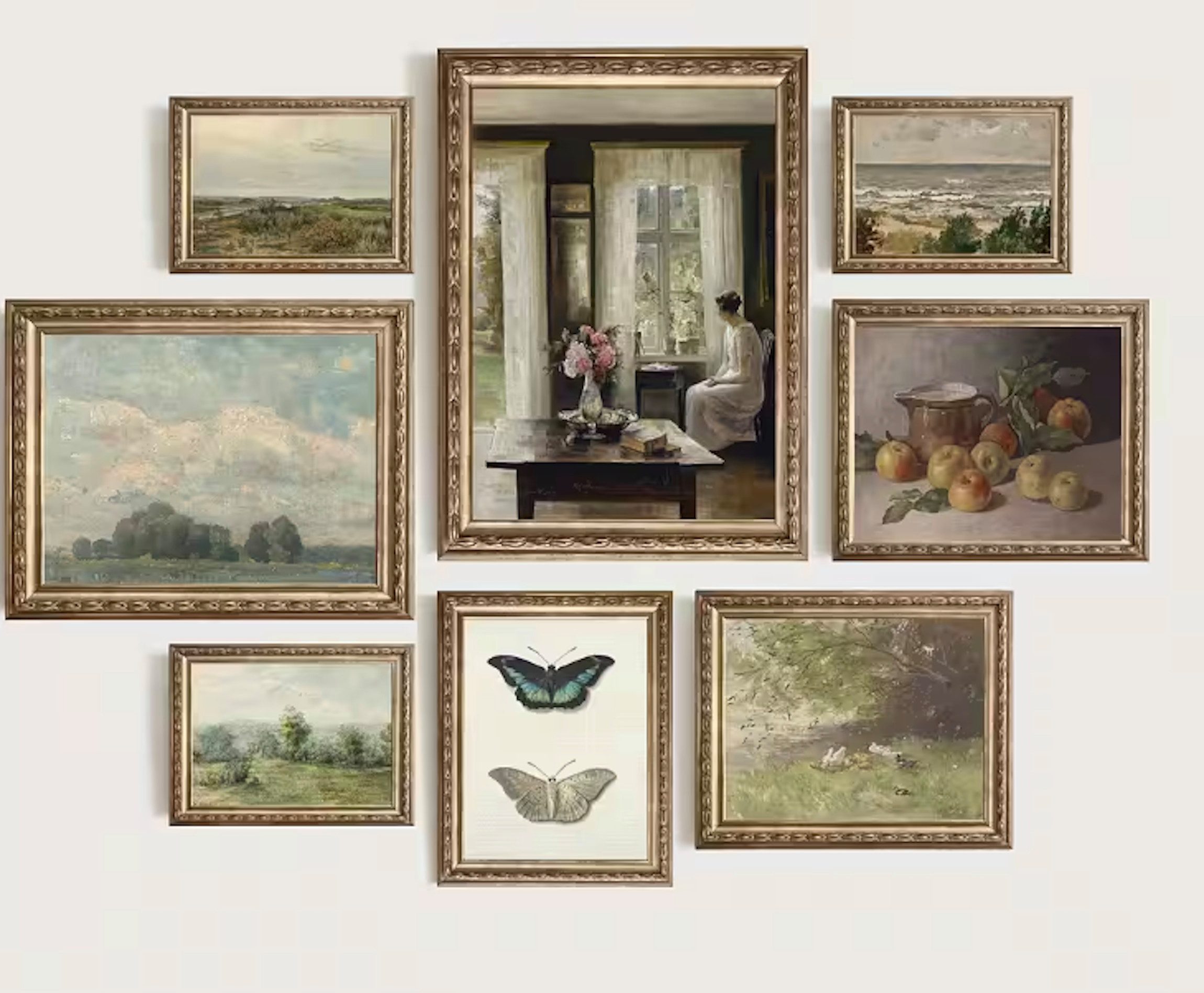 JUSTGOODMOOD Poster Vintage Frühling Landschaft Blick in den Garten Äpfel und Schmetterlin, E (1 St)