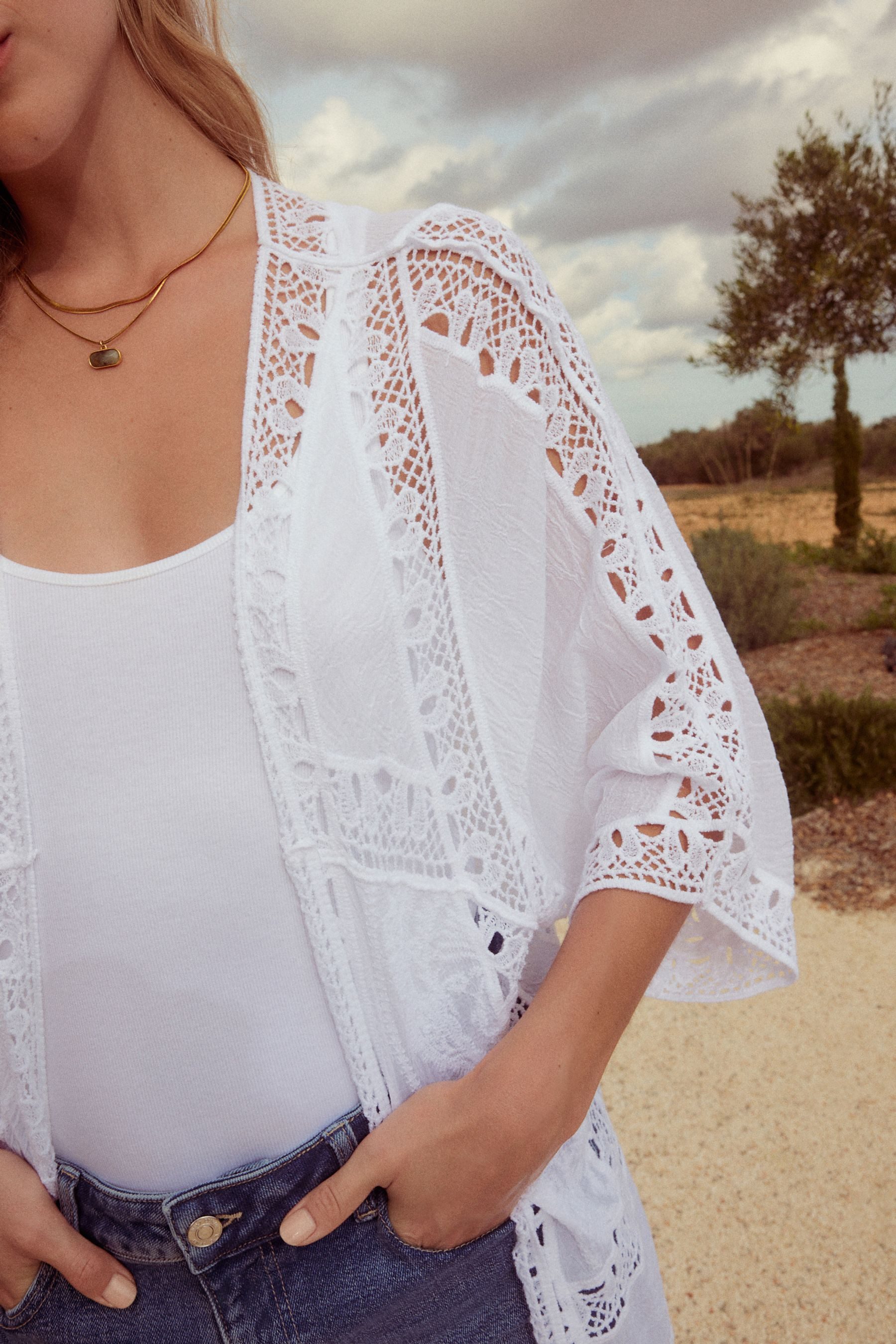 Next Blusenkimono Kurzer Kimono mit Häkeldetails (1-tlg)