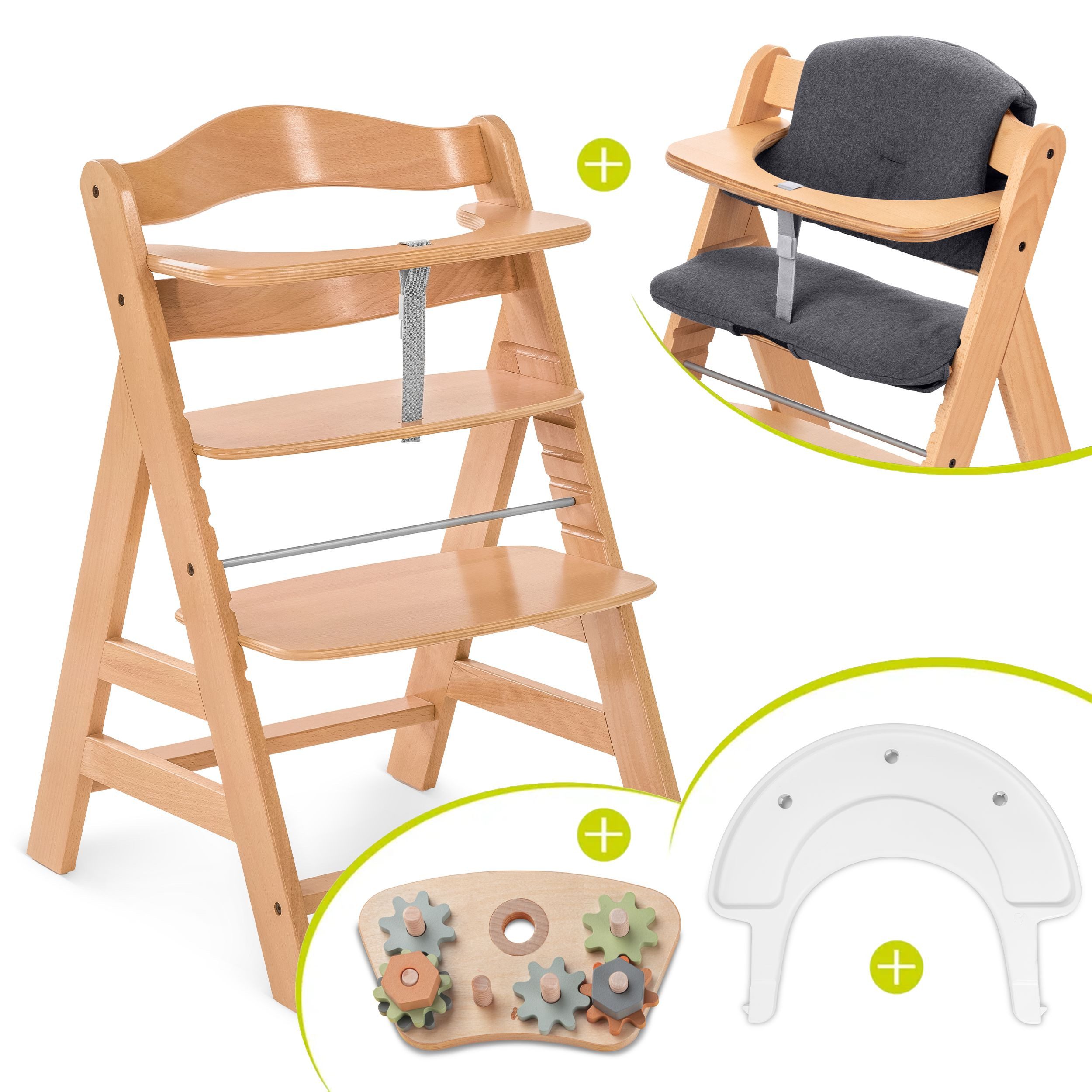 Hauck Hochstuhl Alpha Plus, Holz Kinderhochstuhl mit Sitzauflage, Play Tray Basis & Spielaufsatz