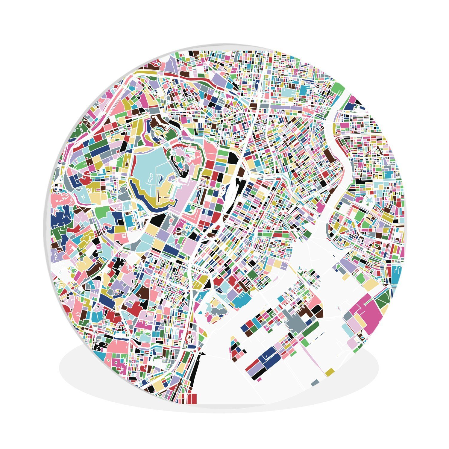 MuchoWow Gemälde Illustration einer bunten Karte von Tokio, (1 St), Kreis Wanddekoration Forex, Rundes Wandbild, Wohnzimmer, 30x30 cm | Gemälde