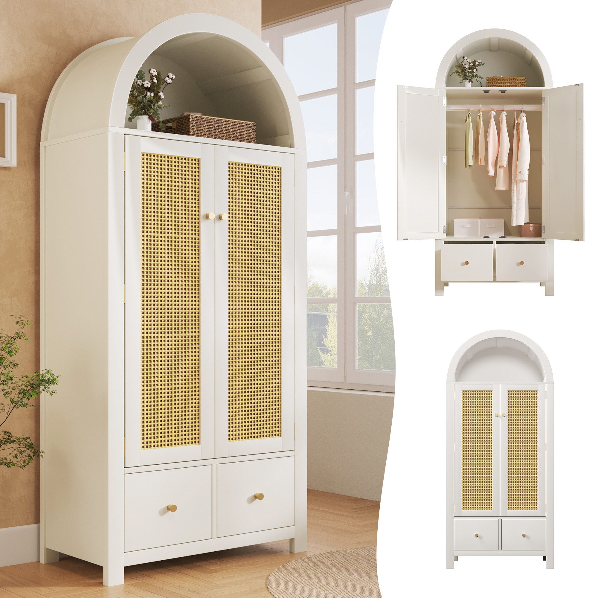 Flieks Kleiderschrank Garderobenschrank 78x45x181cm mit 2 Schubladen und 2 Türen, Rattan