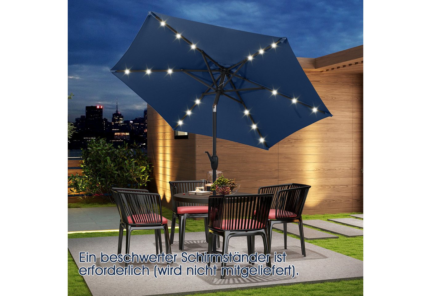 Thumbnail - KOMFOTTEU Sonnenschirm, Terrassenschirm mit Lichtern, 6 Rippen & Handkurbel