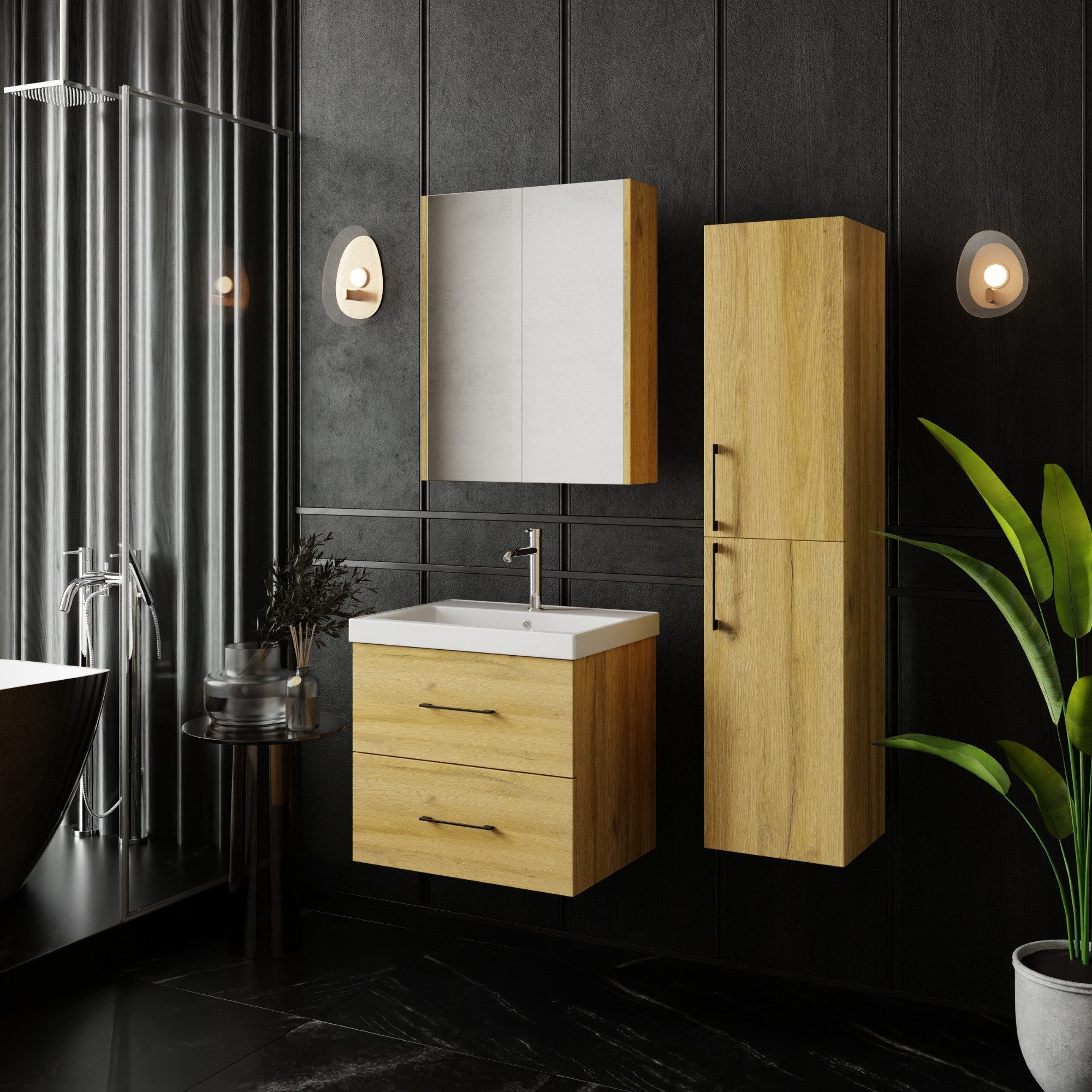 Karen Badmöbel-Set Badmöbel Set Verona, (Komplett-Set, Standartmäßig 3-Teilig (Unterschrank, Spiegelschrank, Waschbecken), 3-St., Der Lieferumfang umfasst Unterschrank, Spiegelschrank und Waschbecken), Holzfurnier, Bügelgriffe, Natürliches Design, Softclose