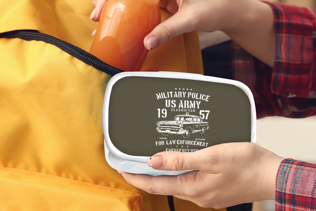 Auto und für Brotbox (2-tlg), Mädchen MuchoWow - Kinder weiß und Lunchbox für Erwachsene, Brotdose, - Armee, - Oldtimer Kunststoff, Jungs Mancave