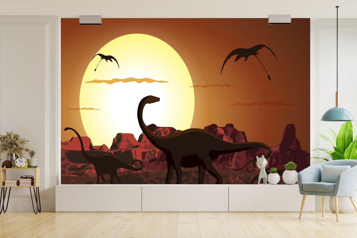 MuchoWow Fototapete Dino Zeichnung (6 St), Jurassic - - für - Kinder, bedruckt, Wohnzimmer, Vinyl Schlafzimmer, Wallpaper - - Jungen Tapete Sonne Kinderzimmer, Matt