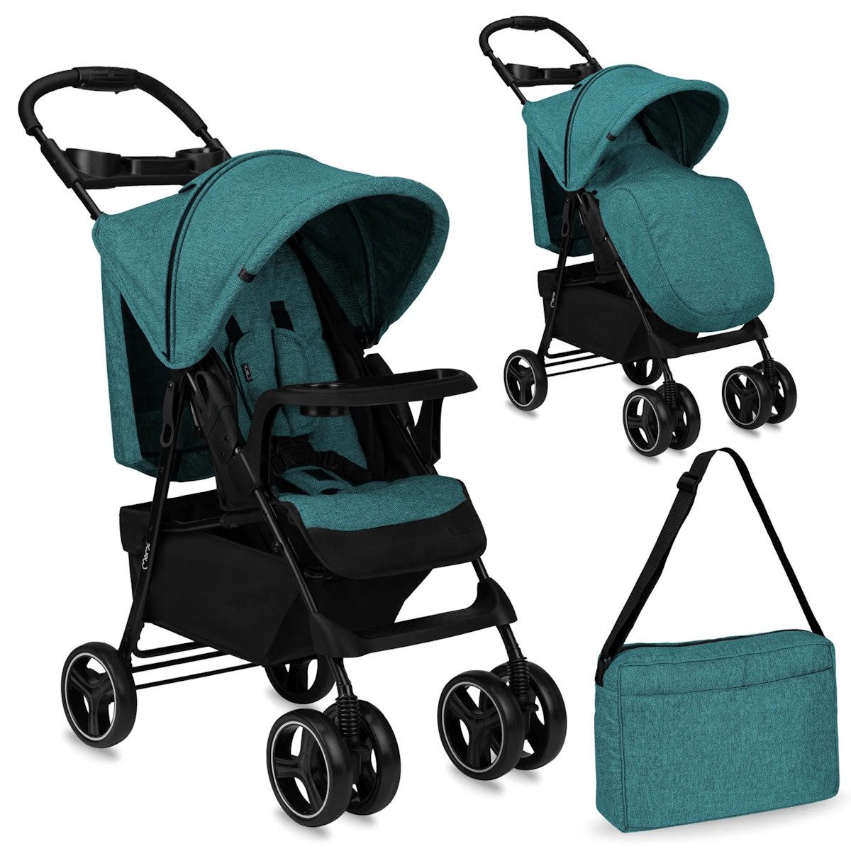 MoMi Kinder-Buggy ISLA – Ultraleichter Baby Kompaktbuggy ab Geburt, verstellbar in Grün, leicht und wendig, innovativer Snack- und Spieltisch, EVA-Räder