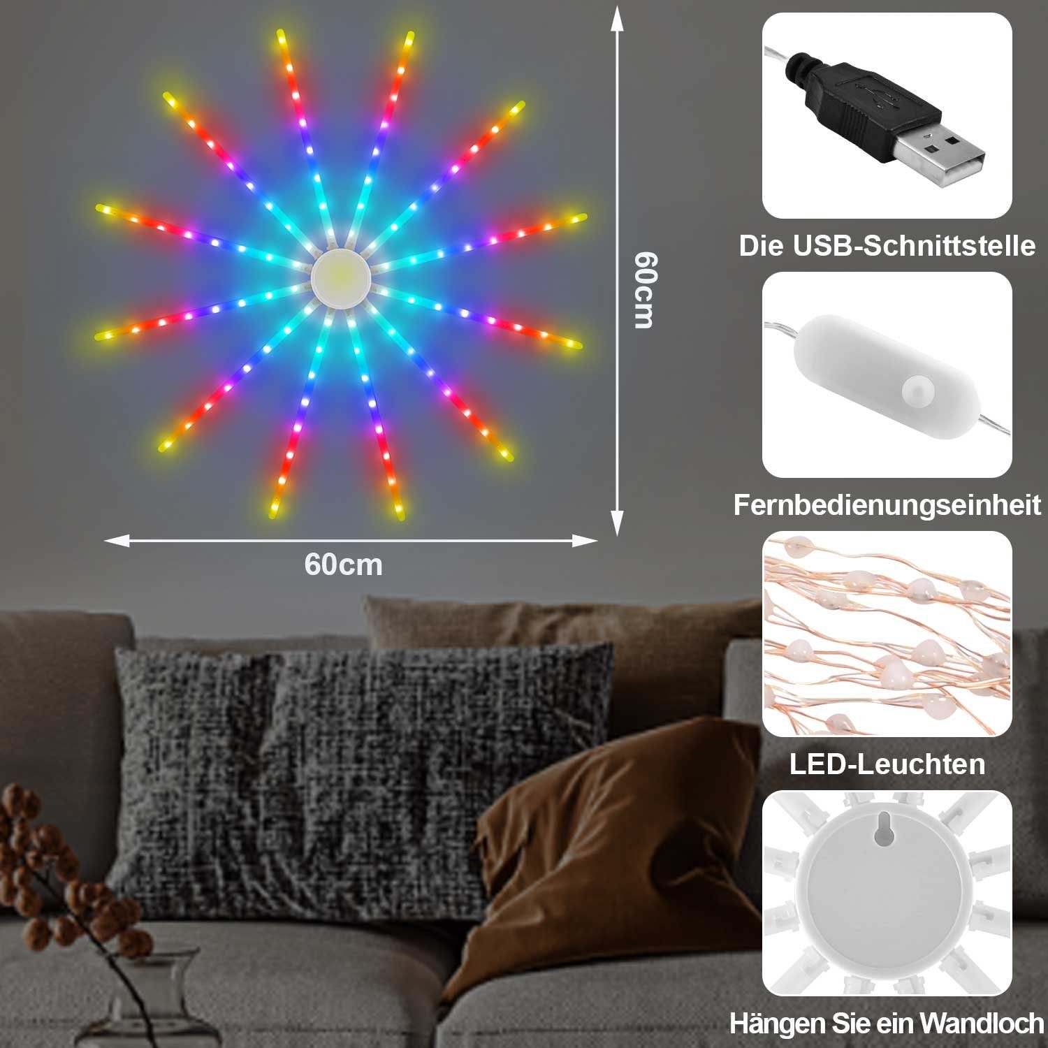 Wand, LED-Streifen Sunicol RGB,Hängelampe LED Modi,Timer, Wasserdicht Feuerwerk die Lichterkette,18 für