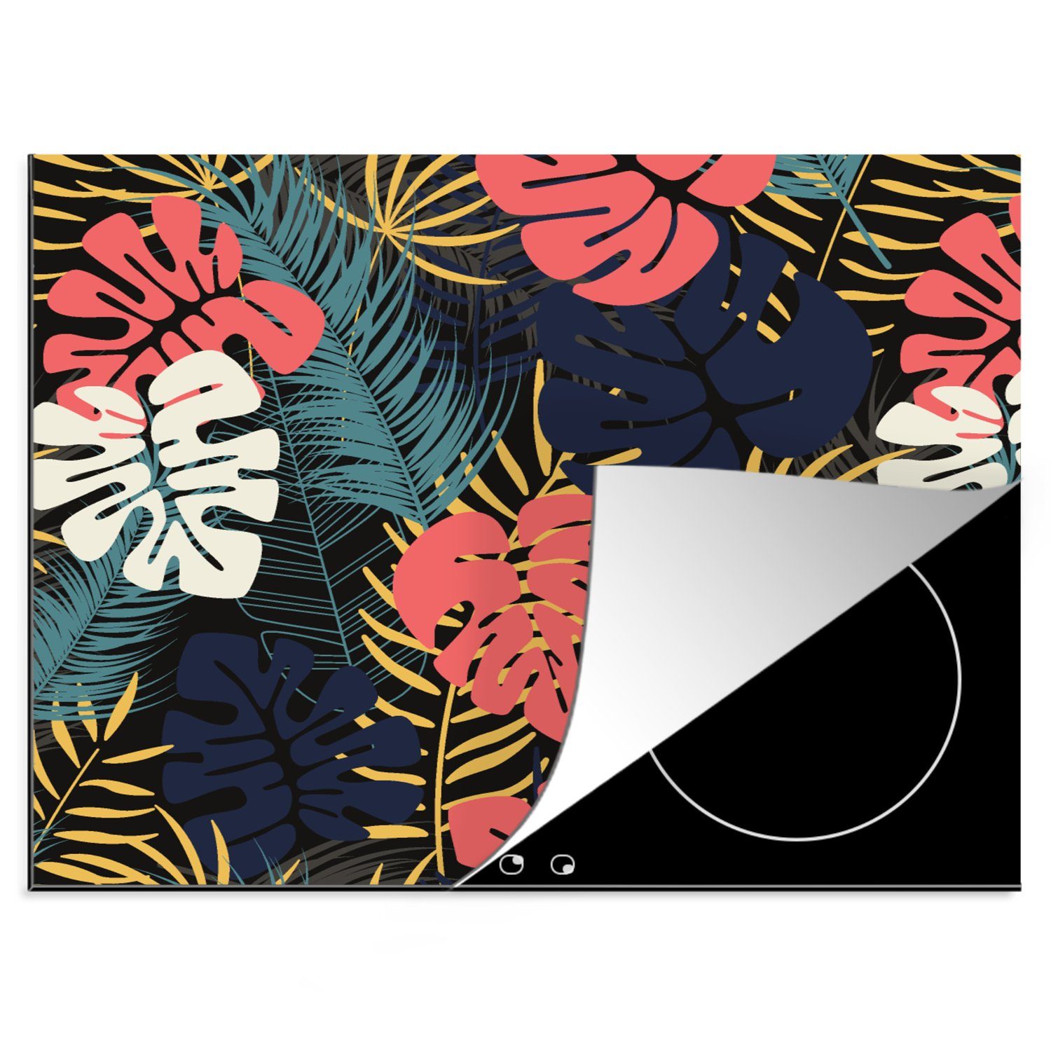 MuchoWow Herdblende-/Abdeckplatte Flora - Gold - Muster - Hawaii - Tropisch, Vinyl, (1 tlg), 60x52 cm, Mobile Arbeitsfläche nutzbar, Ceranfeldabdeckung
