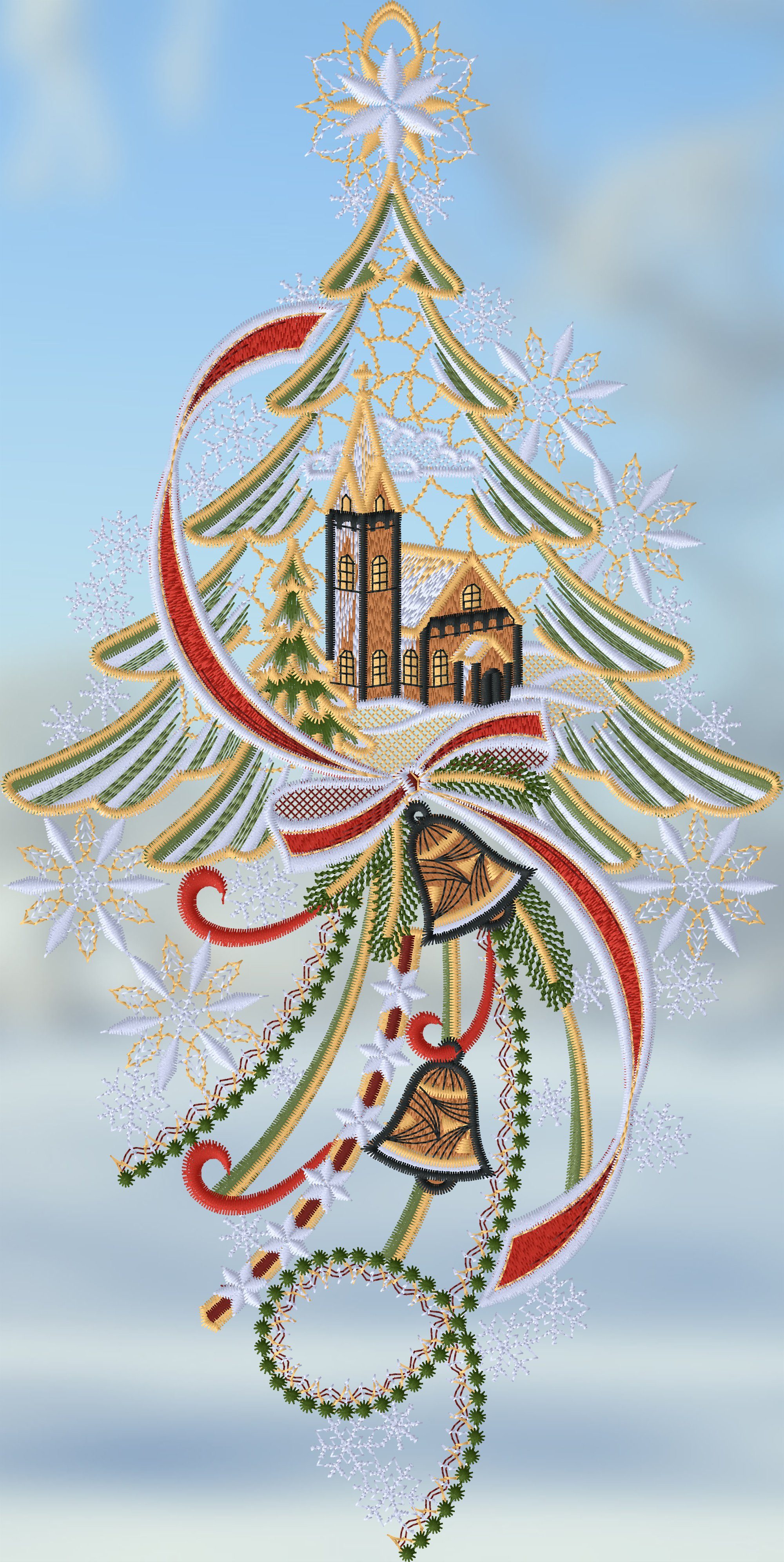 Plauener Spitze® Fensterbild Kirche mit Tannenbaum und Glocken, HxB 28x20cm günstig online kaufen